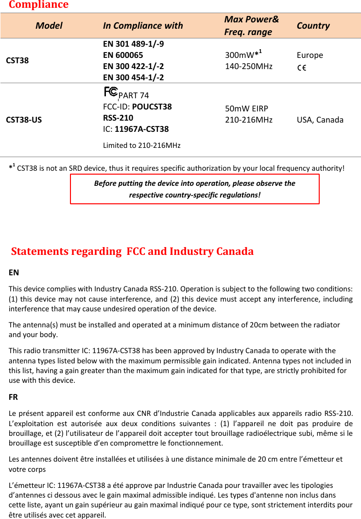  Rev. 02CST38 User Manual     Compliance Model In Compliance with   Max Power&amp;   Freq. range Country CST38 EN 301 489-1/-9 EN 600065 EN 300 422-1/-2 EN 300 454-1/-2 300mW*1 140-250MHz Europe  CST38-US  PART 74 FCC-ID: POUCST38 RSS-210 IC: 11967A-CST38 Limited to 210-216MHz 50mW EIRP 210-216MHz  USA, Canada *1 CST38 is not an SRD device, thus it requires specific authorization by your local frequency authority!       Statements regarding  FCC and Industry Canada   EN This device complies with Industry Canada RSS-210. Operation is subject to the following two conditions: (1) this device may not cause interference, and (2) this device must accept any interference, including interference that may cause undesired operation of the device. The antenna(s) must be installed and operated at a minimum distance of 20cm between the radiator and your body. This radio transmitter IC: 11967A-CST38 has been approved by Industry Canada to operate with the antenna types listed below with the maximum permissible gain indicated. Antenna types not included in this list, having a gain greater than the maximum gain indicated for that type, are strictly prohibited for use with this device. FR Le présent apparcables aux appareils radio RSS-210.               llage radioélectrique subi, même si le  votre corps LIC: 11967A-CST38 a été approve par Industrie Canada pour travailler avec les tipologies dantennes ci dessous avec le gain maximal admissible indiqué. Les types d&apos;antenne non inclus dans cette liste, ayant un gain supérieur au gain maximal indiqué pour ce type, sont strictement interdits pour être utilisés avec cet appareil. Before putting the device into operation, please observe the respective country-specific regulations! 