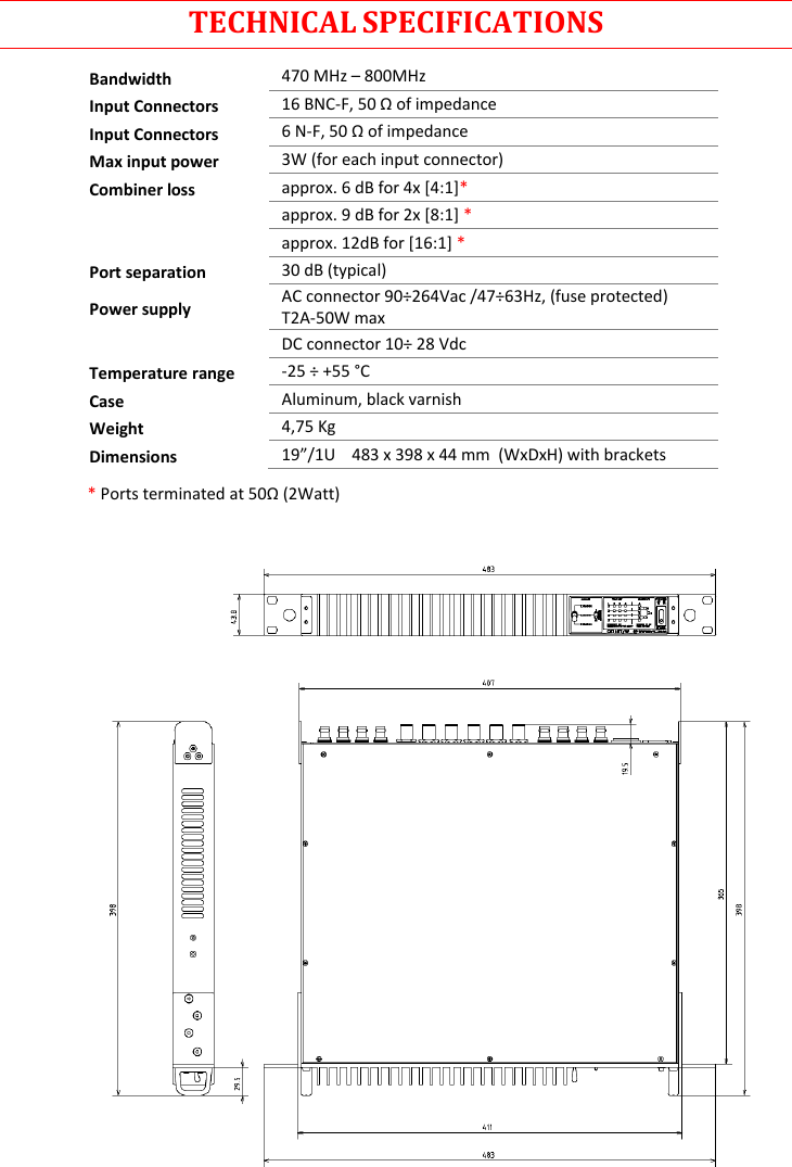 CSI16T  User Manual Rev.04    6 TECHNICAL SPECIFICATIONS Bandwidth 470 MHz – 800MHz Input Connectors 16 BNC-F, 50 Ω of impedance Input Connectors 6 N-F, 50 Ω of impedance Max input power 3W (for each input connector) Combiner loss approx. 6 dB for 4x [4:1]*  approx. 9 dB for 2x [8:1] *  approx. 12dB for [16:1] * Port separation 30 dB (typical) Power supply AC connector 90÷264Vac /47÷63Hz, (fuse protected) T2A-50W max  DC connector 10÷ 28 Vdc Temperature range -25 ÷ +55 °C Case Aluminum, black varnish Weight 4,75 Kg Dimensions 19”/1U    483 x 398 x 44 mm  (WxDxH) with brackets  * Ports terminated at 50Ω (2Watt)    