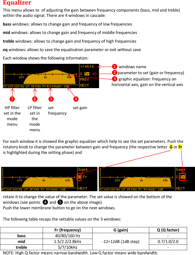 MTK952 User Manual rev.06   11  Equalizer This menu allows to  of adjusting the gain between frequency components (bass, mid and treble)  within the audio signal. There are 4 windows in cascade: bass windows: allows to change gain and frequency of low frequencies mid windows: allows to change gain and frequency of middle frequencies treble windows: allows to change gain and frequency of high frequencies eq windows: allows to save the equalization parameter or exit without save Each window shows the following information:   ❶ windows name ❷parameter to set (gain or frequency) ❸ graphic equalizer: frequency on horizontal axis, gain on the vertical axis ❼ HP filter set in the mode menu  ❻ LP filter set in the mode menu ❺ set frequency ❹ set gain  For each window it is showed the graphic equalizer which help to see the set parameters. Push the rotatory knob to change the parameter between gain and frequency (the respective letter  G or Fr is highlighted during the setting phase) and            rotate it to change the value of the parameter. The set value is showed on the bottom of the windows (see points  ❹ and ❺ on the above image).  Push the lower membrane button to go on the next windows. The following table recaps the settable values on the 3 windows:  Fr (frequency) G (gain) Q (Q factor) bass 40/80/160 Hz -12÷12dB (1dB step) - mid 1.5/2.2/2.8kHz 0.7/1.0/2.0 treble 5/7/10kHz - NOTE: High Q factor means narrow bandwidth. Low Q factor means wide bandwidth.  