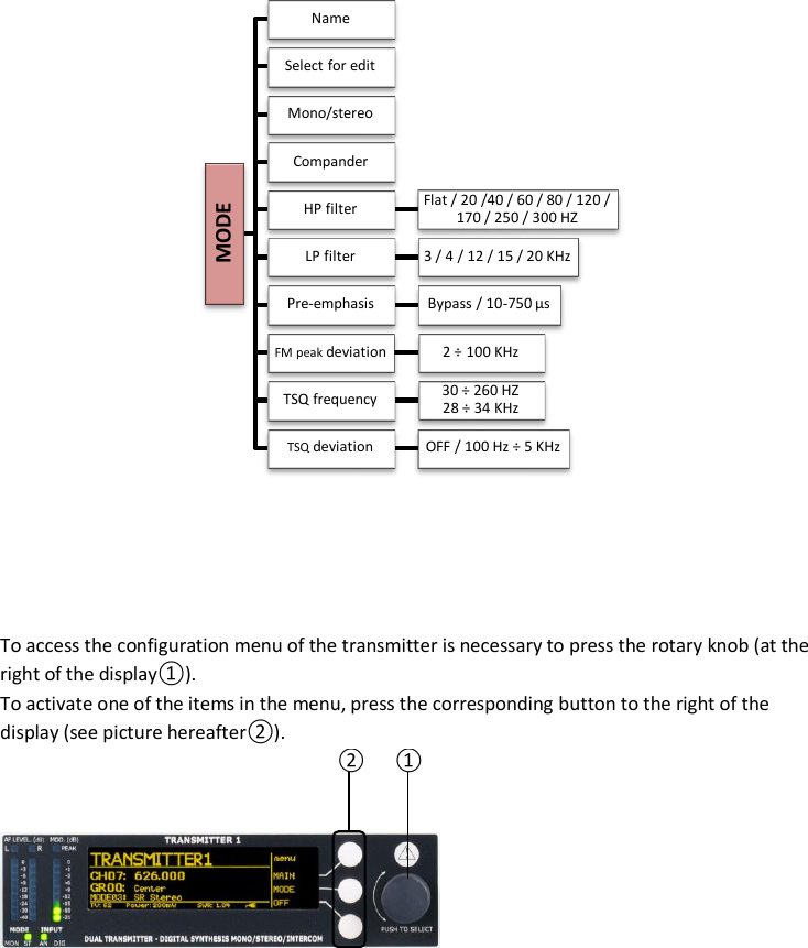 MTK952 User Manual rev.06    8      To access the configuration menu of the transmitter is necessary to press the rotary knob (at the right of the display①).  To activate one of the items in the menu, press the corresponding button to the right of the display (see picture hereafter②).  ②  ①         MODE Name Select for edit Mono/stereo Compander HP filter  Flat / 20 /40 / 60 / 80 / 120 / 170 / 250 / 300 HZ LP filter  3 / 4 / 12 / 15 / 20 KHz Pre-emphasis  Bypass / 10-750 µs FM peak deviation  2 ÷ 100 KHz TSQ frequency  30 ÷ 260 HZ 28 ÷ 34 KHz TSQ deviation  OFF / 100 Hz ÷ 5 KHz 