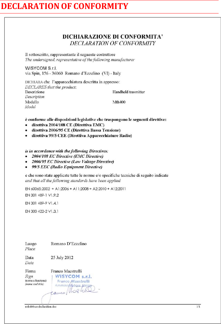 MTH400  User Manual Rev.01    17 DECLARATION OF CONFORMITY                        