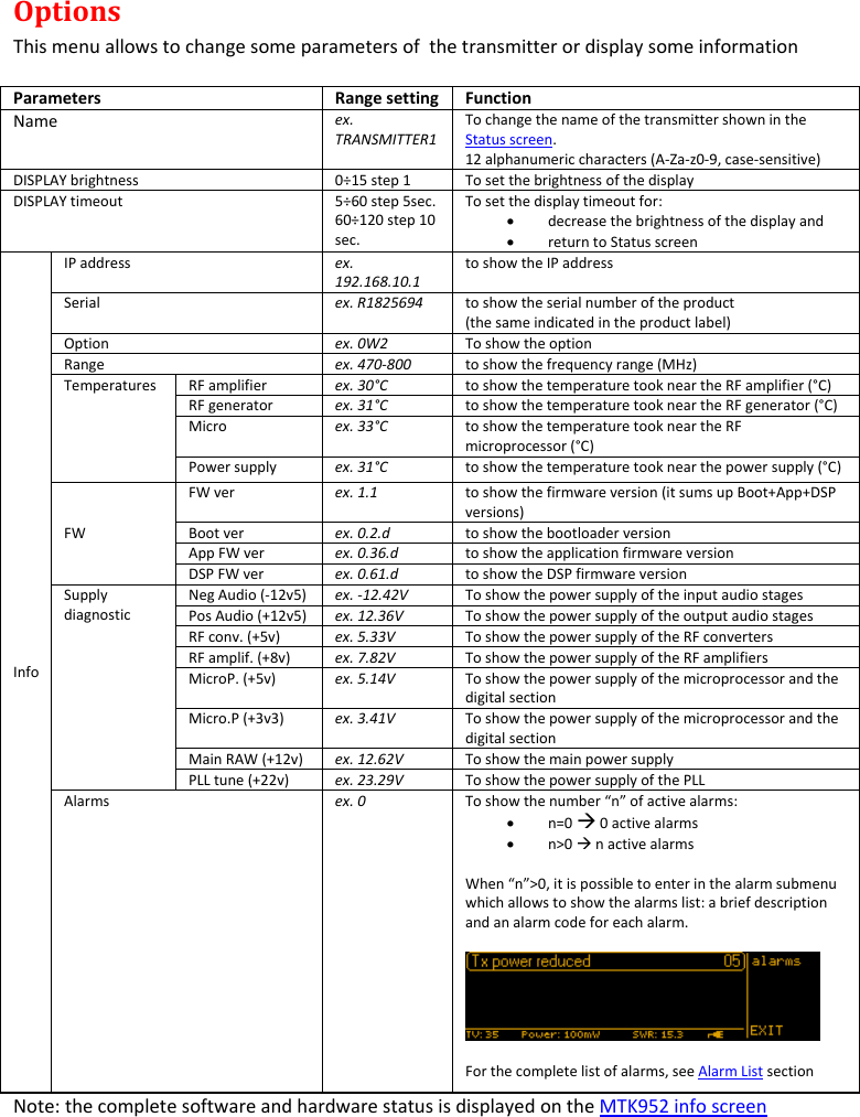 MTK952 User Manual rev.06    12 Options This menu allows to change some parameters of  the transmitter or display some information Parameters Range setting Function Name ex. TRANSMITTER1 To change the name of the transmitter shown in the Status screen.  12 alphanumeric characters (A-Za-z0-9, case-sensitive) DISPLAY brightness 0&divide;15 step 1 To set the brightness of the display DISPLAY timeout 5&divide;60 step 5sec. 60&divide;120 step 10 sec. To set the display timeout for:   decrease the brightness of the display and  return to Status screen Info IP address ex. 192.168.10.1 to show the IP address  Serial ex. R1825694 to show the serial number of the product  (the same indicated in the product label) Option ex. 0W2 To show the option Range ex. 470-800 to show the frequency range (MHz) Temperatures RF amplifier ex. 30&deg;C to show the temperature took near the RF amplifier (&deg;C) RF generator ex. 31&deg;C to show the temperature took near the RF generator (&deg;C) Micro ex. 33&deg;C to show the temperature took near the RF microprocessor (&deg;C) Power supply ex. 31&deg;C to show the temperature took near the power supply (&deg;C) FW FW ver ex. 1.1 to show the firmware version (it sums up Boot+App+DSP versions) Boot ver ex. 0.2.d to show the bootloader version App FW ver ex. 0.36.d to show the application firmware version DSP FW ver ex. 0.61.d to show the DSP firmware version Supply diagnostic Neg Audio (-12v5) ex. -12.42V To show the power supply of the input audio stages Pos Audio (+12v5) ex. 12.36V To show the power supply of the output audio stages RF conv. (+5v) ex. 5.33V To show the power supply of the RF converters RF amplif. (+8v) ex. 7.82V To show the power supply of the RF amplifiers MicroP. (+5v) ex. 5.14V To show the power supply of the microprocessor and the digital section Micro.P (+3v3) ex. 3.41V To show the power supply of the microprocessor and the digital section Main RAW (+12v) ex. 12.62V To show the main power supply PLL tune (+22v) ex. 23.29V To show the power supply of the PLL Alarms ex. 0 To show the number &ldquo;n&rdquo; of active alarms:  n=0  0 active alarms  n>0  n active alarms  When &ldquo;n&rdquo;>0, it is possible to enter in the alarm submenu which allows to show the alarms list: a brief description and an alarm code for each alarm.      For the complete list of alarms, see Alarm List section   Note: the complete software and hardware status is displayed on the MTK952 info screen  
