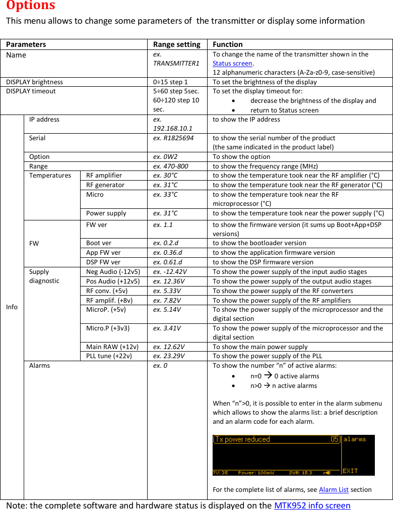 MTK952 User Manual rev.06    12 Options This menu allows to change some parameters of  the transmitter or display some information Parameters Range setting Function Name ex. TRANSMITTER1 To change the name of the transmitter shown in the Status screen.  12 alphanumeric characters (A-Za-z0-9, case-sensitive) DISPLAY brightness 0&divide;15 step 1 To set the brightness of the display DISPLAY timeout 5&divide;60 step 5sec. 60&divide;120 step 10 sec. To set the display timeout for:   decrease the brightness of the display and  return to Status screen Info IP address ex. 192.168.10.1 to show the IP address  Serial ex. R1825694 to show the serial number of the product  (the same indicated in the product label) Option ex. 0W2 To show the option Range ex. 470-800 to show the frequency range (MHz) Temperatures RF amplifier ex. 30&deg;C to show the temperature took near the RF amplifier (&deg;C) RF generator ex. 31&deg;C to show the temperature took near the RF generator (&deg;C) Micro ex. 33&deg;C to show the temperature took near the RF microprocessor (&deg;C) Power supply ex. 31&deg;C to show the temperature took near the power supply (&deg;C) FW FW ver ex. 1.1 to show the firmware version (it sums up Boot+App+DSP versions) Boot ver ex. 0.2.d to show the bootloader version App FW ver ex. 0.36.d to show the application firmware version DSP FW ver ex. 0.61.d to show the DSP firmware version Supply diagnostic Neg Audio (-12v5) ex. -12.42V To show the power supply of the input audio stages Pos Audio (+12v5) ex. 12.36V To show the power supply of the output audio stages RF conv. (+5v) ex. 5.33V To show the power supply of the RF converters RF amplif. (+8v) ex. 7.82V To show the power supply of the RF amplifiers MicroP. (+5v) ex. 5.14V To show the power supply of the microprocessor and the digital section Micro.P (+3v3) ex. 3.41V To show the power supply of the microprocessor and the digital section Main RAW (+12v) ex. 12.62V To show the main power supply PLL tune (+22v) ex. 23.29V To show the power supply of the PLL Alarms ex. 0 To show the number &ldquo;n&rdquo; of active alarms:  n=0  0 active alarms  n>0  n active alarms  When &ldquo;n&rdquo;>0, it is possible to enter in the alarm submenu which allows to show the alarms list: a brief description and an alarm code for each alarm.      For the complete list of alarms, see Alarm List section   Note: the complete software and hardware status is displayed on the MTK952 info screen  