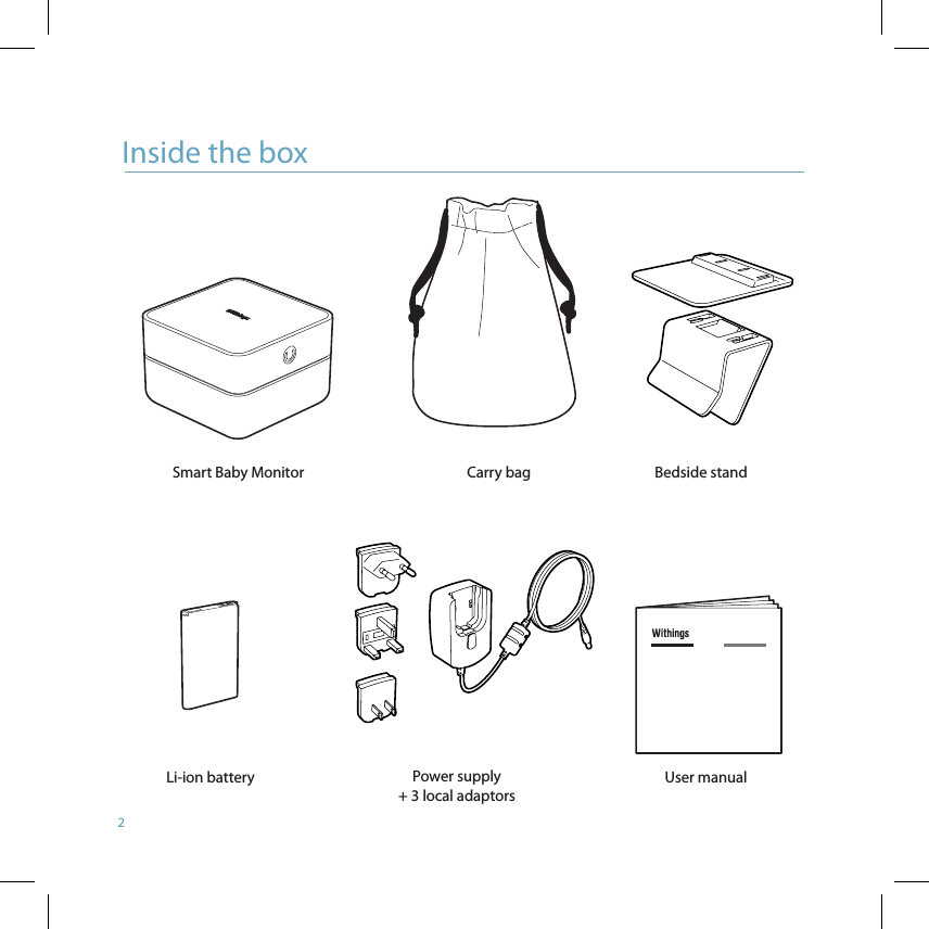 2Inside the box Smart Baby MonitorCarry bag  Bedside stand Li-ion battery  Power supply + 3 local adaptors User manual