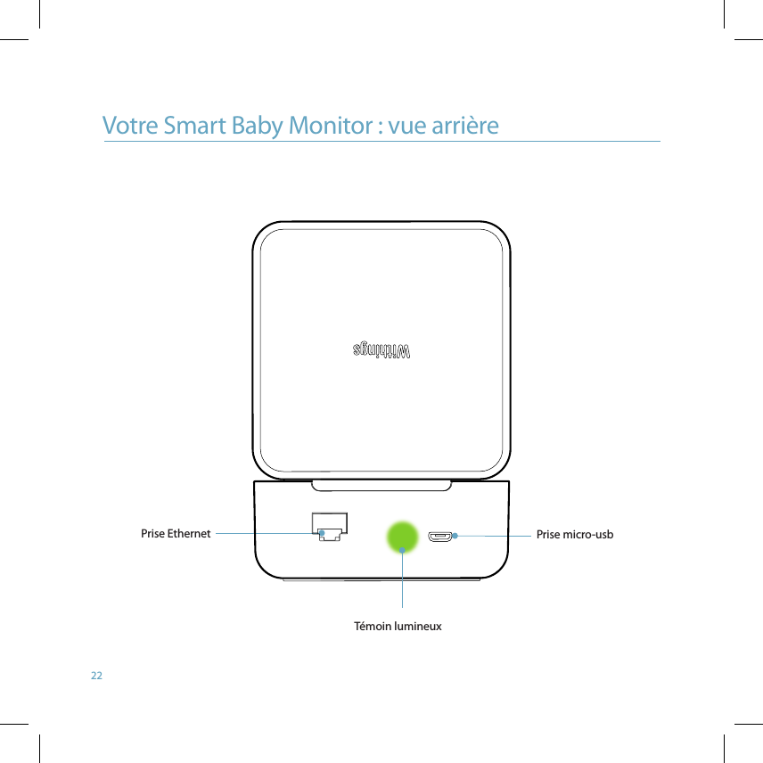 22Votre Smart Baby Monitor : vue arrièrePrise Ethernet Prise micro-usbTémoin lumineux