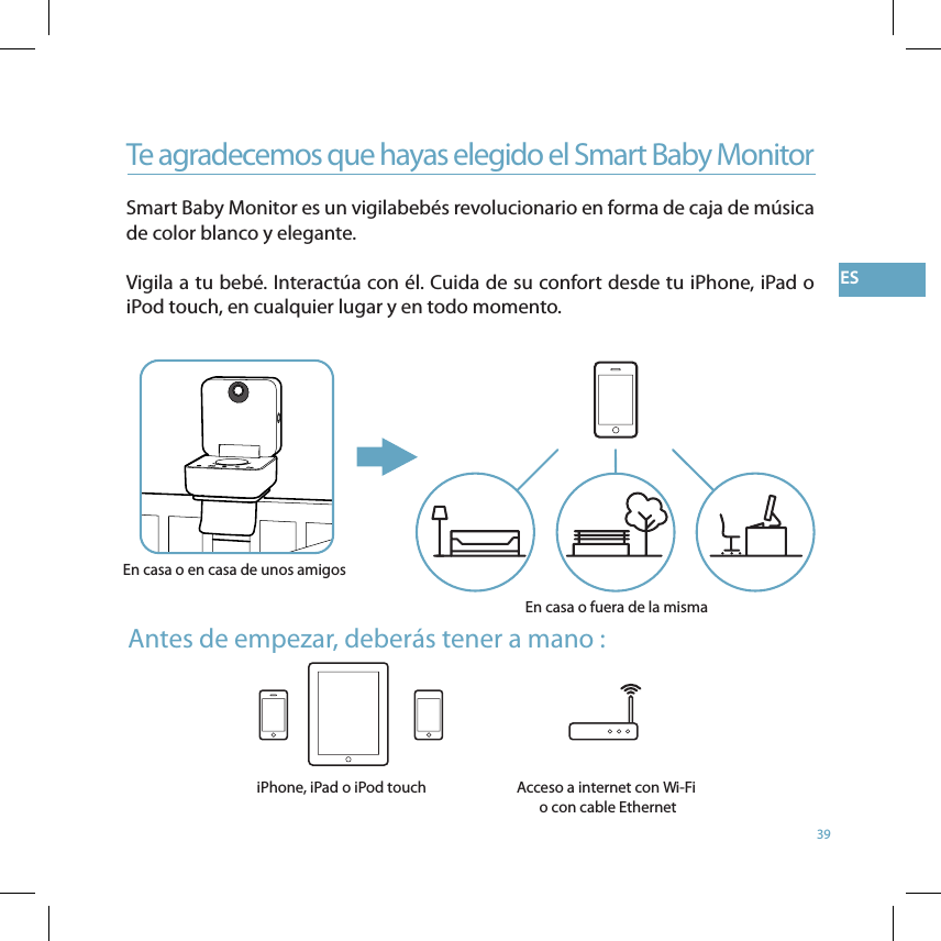 39ESEn casa o en casa de unos amigos En casa o fuera de la mismaAcceso a internet con Wi-Fi o con cable EthernetiPhone, iPad o iPod touchTe agradecemos que hayas elegido el Smart Baby MonitorSmart Baby Monitor es un vigilabebés revolucionario en forma de caja de música de color blanco y elegante.Vigila a tu bebé. Interactúa con él. Cuida de su confort desde tu iPhone, iPad o iPod touch, en cualquier lugar y en todo momento.Antes de empezar, deberás tener a mano : 