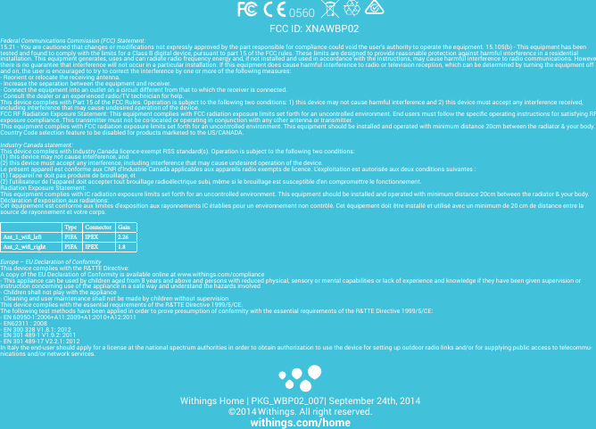 Withings Home | PKG_WBP02_007| September 24th, 2014 ©2014 Withings. All right reserved. withings.com/homeFederal Communications Commission (FCC) Statement:15.21 - You are cautioned that changes or modications not expressly approved by the part responsible for compliance could void the user’s authority to operate the equipment. 15.105(b) - This equipment has been tested and found to comply with the limits for a Class B digital device, pursuant to part 15 of the FCC rules. These limits are designed to provide reasonable protection against harmful interference in a residential installation. This equipment generates, uses and can radiate radio frequency energy and, if not installed and used in accordance with the instructions, may cause harmful interference to radio communications. However, there is no guarantee that interference will not occur in a particular installation. If this equipment does cause harmful interference to radio or television reception, which can be determined by turning the equipment off and on, the user is encouraged to try to correct the interference by one or more of the following measures:- Reorient or relocate the receiving antenna.- Increase the separation between the equipment and receiver.- Connect the equipment into an outlet on a circuit different from that to which the receiver is connected. - Consult the dealer or an experienced radio/TV technician for help.This device complies with Part 15 of the FCC Rules. Operation is subject to the following two conditions: 1) this device may not cause harmful interference and 2) this device must accept any interference received, including interference that may cause undesired operation of the device.FCC RF Radiation Exposure Statement: This equipment complies with FCC radiation exposure limits set forth for an uncontrolled environment. End users must follow the specic operating instructions for satisfying RF exposure compliance. This transmitter must not be co-located or operating in conjunction with any other antenna or transmitter.This equipment complies with FCC radiation exposure limits set forth for an uncontrolled environment. This equipment should be installed and operated with minimum distance 20cm between the radiator &amp; your body.Country Code selection feature to be disabled for products marketed to the US/CANADA.Industry Canada statement:This device complies with Industry Canada licence-exempt RSS standard(s). Operation is subject to the following two conditions: (1) this device may not cause interference, and (2) this device must accept any interference, including interference that may cause undesired operation of the device.Le présent appareil est conforme aux CNR d’Industrie Canada applicables aux appareils radio exempts de licence. L’exploitation est autorisée aux deux conditions suivantes : (1) l’appareil ne doit pas produire de brouillage, et (2) l’utilisateur de l’appareil doit accepter tout brouillage radioélectrique subi, même si le brouillage est susceptible d’en compromettre le fonctionnement.Radiation Exposure Statement:This equipment complies with IC radiation exposure limits set forth for an uncontrolled environment. This equipment should be installed and operated with minimum distance 20cm between the radiator &amp; your body.Déclaration d’exposition aux radiations:Cet équipement est conforme aux limites d’exposition aux rayonnements IC établies pour un environnement non contrôlé. Cet équipement doit être installé et utilisé avec un minimum de 20 cm de distance entre la source de rayonnement et votre corps.Typ e Connector GainAnt_1_wi_le PI FA IPEX 2.26Ant_2_wi_right PI FA IPEX 1.8Europe – EU Declaration of ConformityThis device complies with the R&amp;TTE Directive:A copy of the EU Declaration of Conformity is available online at www.withings.com/compliance- This appliance can be used by children aged from 8 years and above and persons with reduced physical, sensory or mental capabilities or lack of experience and knowledge if they have been given supervision or instruction concerning use of the appliance in a safe way and understand the hazards involved- Children shall not play with the appliance- Cleaning and user maintenance shall not be made by children without supervisionThis device complies with the essential requirements of the R&amp;TTE Directive 1999/5/CE. The following test methods have been applied in order to prove presumption of conformity with the essential requirements of the R&amp;TTE Directive 1999/5/CE:- EN 60950-1:2006+A11:2009+A1:2010+A12:2011- EN62311 : 2008- EN 300 328 V1.8.1: 2012- EN 301 489-1 V1.9.2: 2011- EN 301 489-17 V2.2.1: 2012In Italy the end-user should apply for a license at the national spectrum authorities in order to obtain authorization to use the device for setting up outdoor radio links and/or for supplying public access to telecommu-nications and/or network services.FCC ID: XNAWBP020560