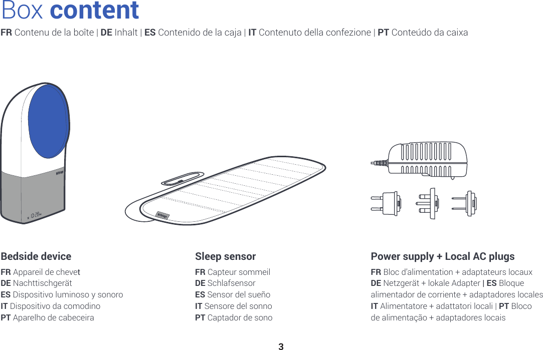 3FR Merci d’avoir choisi le Withings AuraTM, Smart Sleep SystemDE Wir bedanken uns für Ihre Wahl des Withings AuraTM, Smart Sleep SystemES Gracias por elegir el Withings AuraTM, Smart Sleep SystemIT Grazie per aver scelto lo Withings AuraTM, Smart Sleep SystemPT Obrigado por escolher o Withings AuraTM, Smart Sleep SystemFR Contenu de la boîte | DE Inhalt | ES Contenido de la caja | IT Contenuto della confezione | PT Conteúdo da caixaFR Appareil de chevet DE NachttischgerätES Dispositivo luminoso y sonoroIT Dispositivo da comodinoPT Aparelho de cabeceiraFR Capteur sommeil DE SchlafsensorES Sensor del sueñoIT Sensore del sonnoPT Captador de sonoFR Bloc d’alimentation + adaptateurs locaux DE Netzgerät + lokale Adapter | ES Bloque  alimentador de corriente + adaptadores localesIT Alimentatore + adattatori locali | PT Bloco  de alimentação + adaptadores locaisBox contentBedside device Sleep sensor Power supply + Local AC plugs