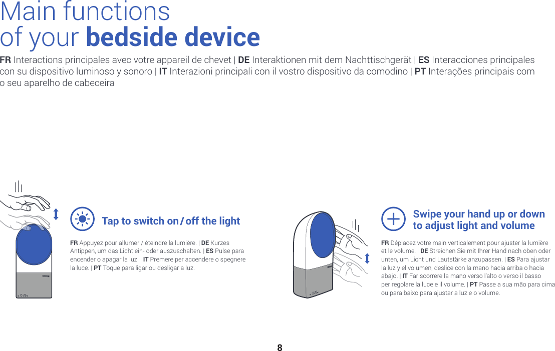 8Main functions  of your bedside deviceFR Interactions principales avec votre appareil de chevet | DE Interaktionen mit dem Nachttischgerät | ES Interacciones principales  con su dispositivo luminoso y sonoro | IT Interazioni principali con il vostro dispositivo da comodino | PT Interações principais com  o seu aparelho de cabeceiraFR Appuyez pour allumer / éteindre la lumière. | DE Kurzes Antippen, um das Licht ein- oder auszuschalten. | ES Pulse para encender o apagar la luz. | IT Premere per accendere o spegnere la luce. | PT Toque para ligar ou desligar a luz.FR Déplacez votre main verticalement pour ajuster la lumière  et le volume. | DE Streichen Sie mit Ihrer Hand nach oben oder unten, um Licht und Lautstärke anzupassen. | ES Para ajustar  la luz y el volumen, deslice con la mano hacia arriba o hacia abajo. | IT Far scorrere la mano verso l’alto o verso il basso  per regolare la luce e il volume. | PT Passe a sua mão para cima ou para baixo para ajustar a luz e o volume.Tap to switch on / off the light Swipe your hand up or down  to adjust light and volume