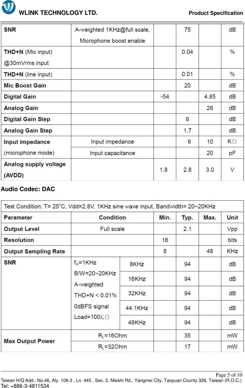   WLINK TECHNOLOGY LTD.                              Product Specification __________________________________________________________________________________ ___________________________________________________________________________________________                                                                                                                                                         Page 5 of 10 Taiwan H/Q Add.: No.46, Aly. 108-3 , Ln. 445 , Sec. 2, Meishi Rd., Yangmei City, Taoyuan County 326, Taiwan (R.O.C.)   Tel: +886-3-4811534  Audio Codec: DAC   