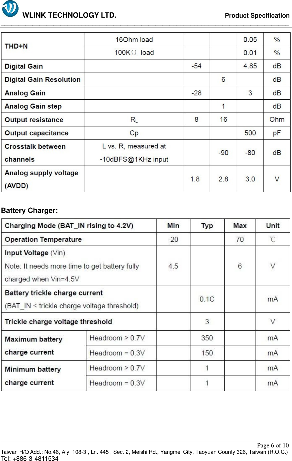   WLINK TECHNOLOGY LTD.                              Product Specification __________________________________________________________________________________ ___________________________________________________________________________________________                                                                                                                                                         Page 6 of 10 Taiwan H/Q Add.: No.46, Aly. 108-3 , Ln. 445 , Sec. 2, Meishi Rd., Yangmei City, Taoyuan County 326, Taiwan (R.O.C.)   Tel: +886-3-4811534   Battery Charger:     