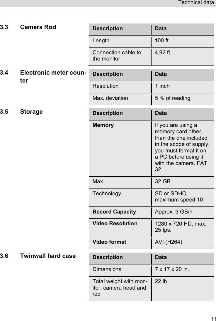 Technical data   11 3.3 Camera Rod Description Data Length  100 ft.  Connection cable to the monitor 4,92 ft   3.4 Electronic meter coun-ter Description Data Resolution  1 inch Max. deviation  5 % of reading  3.5 Storage Description Data Memory If you are using a memory card other than the one included in the scope of supply, you must format it on a PC before using it with the camera. FAT 32  Max.  32 GB  Technology  SD or SDHC,  maximum speed 10 Record Capacity Approx. 3 GB/h Video Resolution 1280 x 720 HD, max. 25 fps. Video format AVI (H264)   3.6 Twinwall hard case Description Data Dimensions  7 x 17 x 20 in.  Total weight with mon-itor, camera head and rod 22 lb     