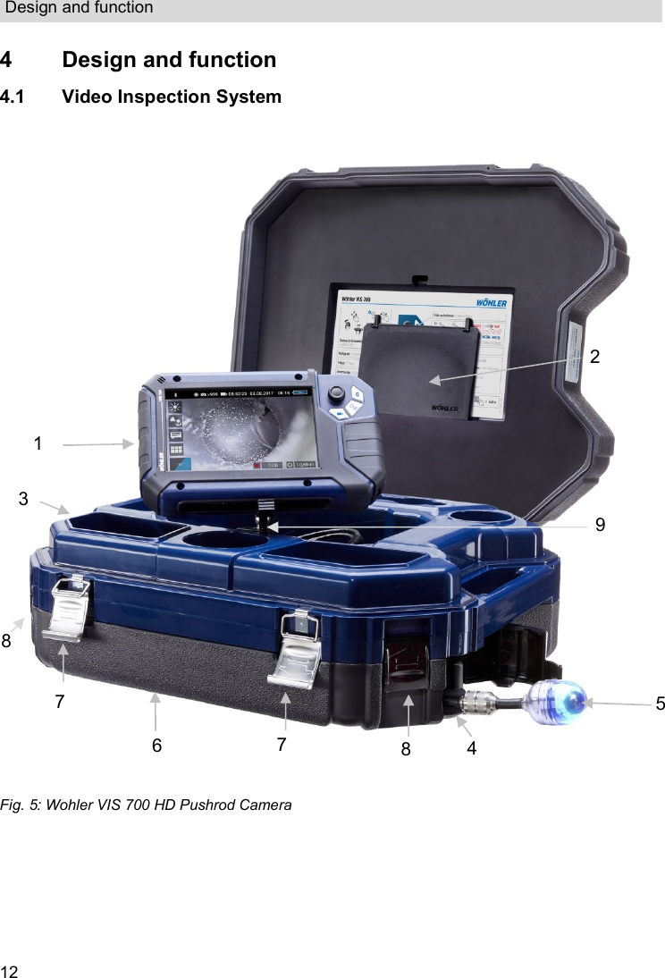 Design and function  12 4  Design and function  4.1  Video Inspection System  Fig. 5: Wohler VIS 700 HD Pushrod Camera 3 8 5 6  7 2 4 7 8 1 9 