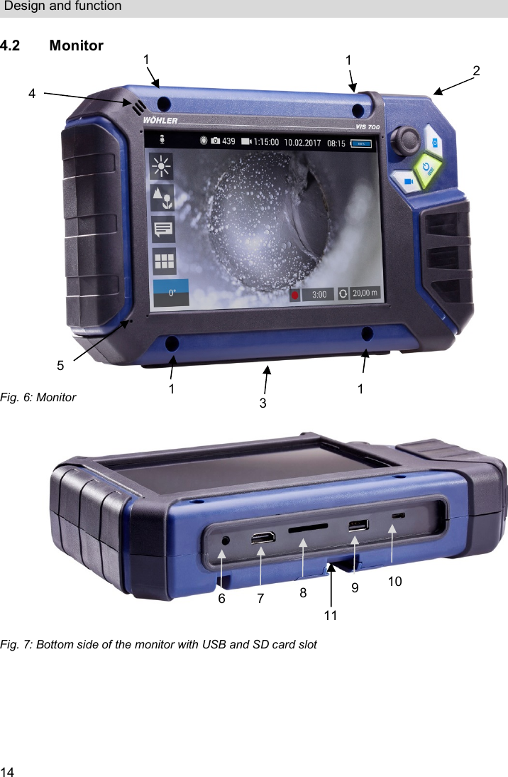 Design and function  14 4.2  Monitor    Fig. 6: Monitor   Fig. 7: Bottom side of the monitor with USB and SD card slot    1  1 1  1 2 3 6  7  8  9  10 4 11 5 