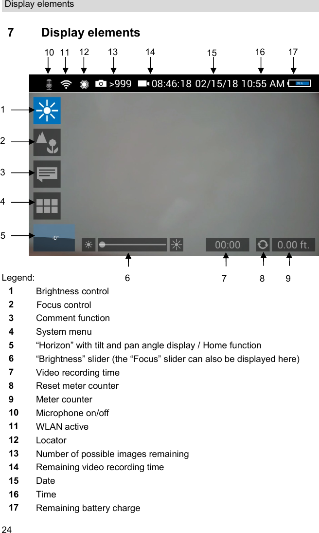 Display elements  24 7  Display elements     Legend:  1 Brightness control 2 Focus control 3 Comment function 4 System menu 5 “Horizon” with tilt and pan angle display / Home function 6 “Brightness” slider (the “Focus” slider can also be displayed here) 7 Video recording time 8 Reset meter counter 9 Meter counter 10 Microphone on/off 11 WLAN active 12 Locator 13 Number of possible images remaining 14 Remaining video recording time 15 Date 16 Time 17 Remaining battery charge 1 2 3 4 5 10  12  13  14  16  17 6  7  8  9 11  15 