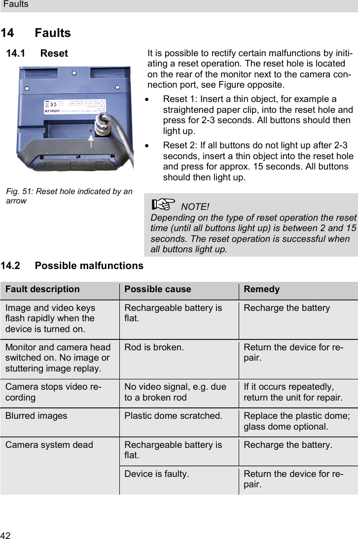 Faults  42 14  Faults 14.1 Reset  Fig. 51: Reset hole indicated by an arrow  It is possible to rectify certain malfunctions by initi-ating a reset operation. The reset hole is located on the rear of the monitor next to the camera con-nection port, see Figure opposite.   Reset 1: Insert a thin object, for example a straightened paper clip, into the reset hole and press for 2-3 seconds. All buttons should then light up.   Reset 2: If all buttons do not light up after 2-3 seconds, insert a thin object into the reset hole and press for approx. 15 seconds. All buttons should then light up.    NOTE! Depending on the type of reset operation the reset time (until all buttons light up) is between 2 and 15 seconds. The reset operation is successful when all buttons light up.  14.2  Possible malfunctions Fault description Possible cause Remedy Image and video keys flash rapidly when the device is turned on. Rechargeable battery is flat. Recharge the battery  Monitor and camera head switched on. No image or stuttering image replay. Rod is broken.  Return the device for re-pair. Camera stops video re-cording No video signal, e.g. due to a broken rod If it occurs repeatedly, return the unit for repair. Blurred images  Plastic dome scratched.  Replace the plastic dome; glass dome optional. Camera system dead  Rechargeable battery is flat. Recharge the battery. Device is faulty.  Return the device for re-pair.      