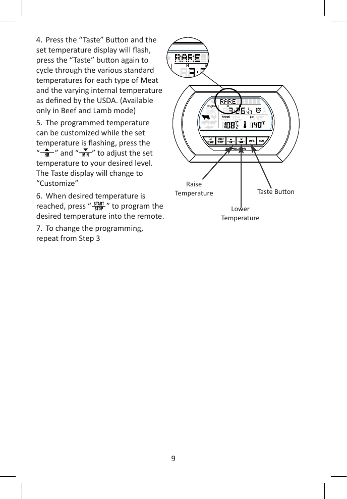94.  Press the “Taste” Buon and the set temperature display will ash, press the “Taste” buon again to cycle through the various standard temperatures for each type of Meat and the varying internal temperature as dened by the USDA. (Available only in Beef and Lamb mode)5.  The programmed temperature can be customized while the set temperature is ashing, press the “        ” and “       ” to adjust the set temperature to your desired level.  The Taste display will change to “Customize”6.  When desired temperature is reached, press “        ” to program the desired temperature into the remote.7.  To change the programming, repeat from Step 3H   M  SH   M  SRaiseTemperatureLowerTemperatureTaste Buon