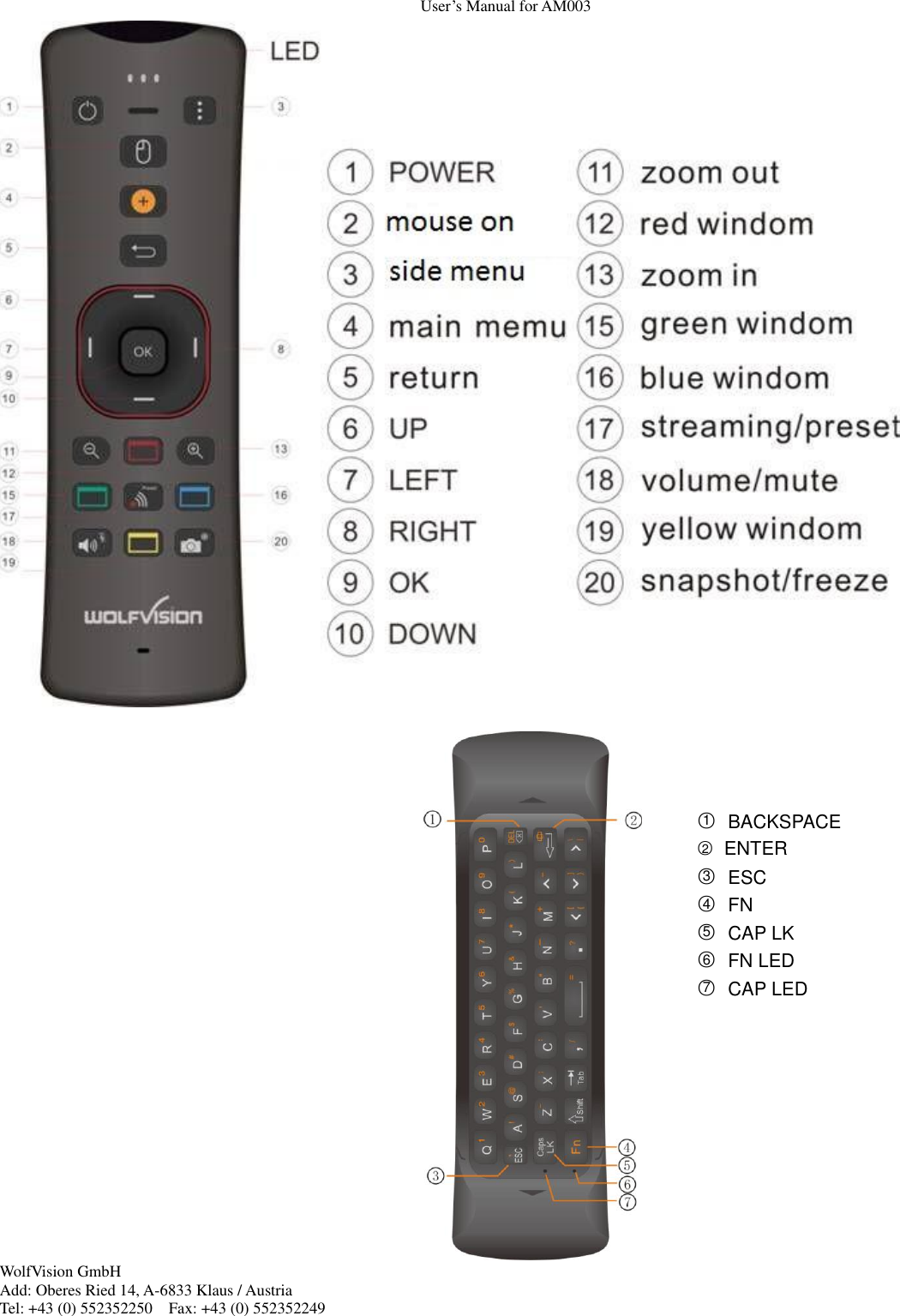 User&rsquo;s Manual for AM003 WolfVision GmbH Add: Oberes Ried 14, A-6833 Klaus / Austria Tel: +43 (0) 552352250    Fax: +43 (0) 552352249                                                                                           ○1 BACKSPACE ○2  ENTER ○3 ESC ○4 FN ○5 CAP LK ○6 FN LED ○7 CAP LED       