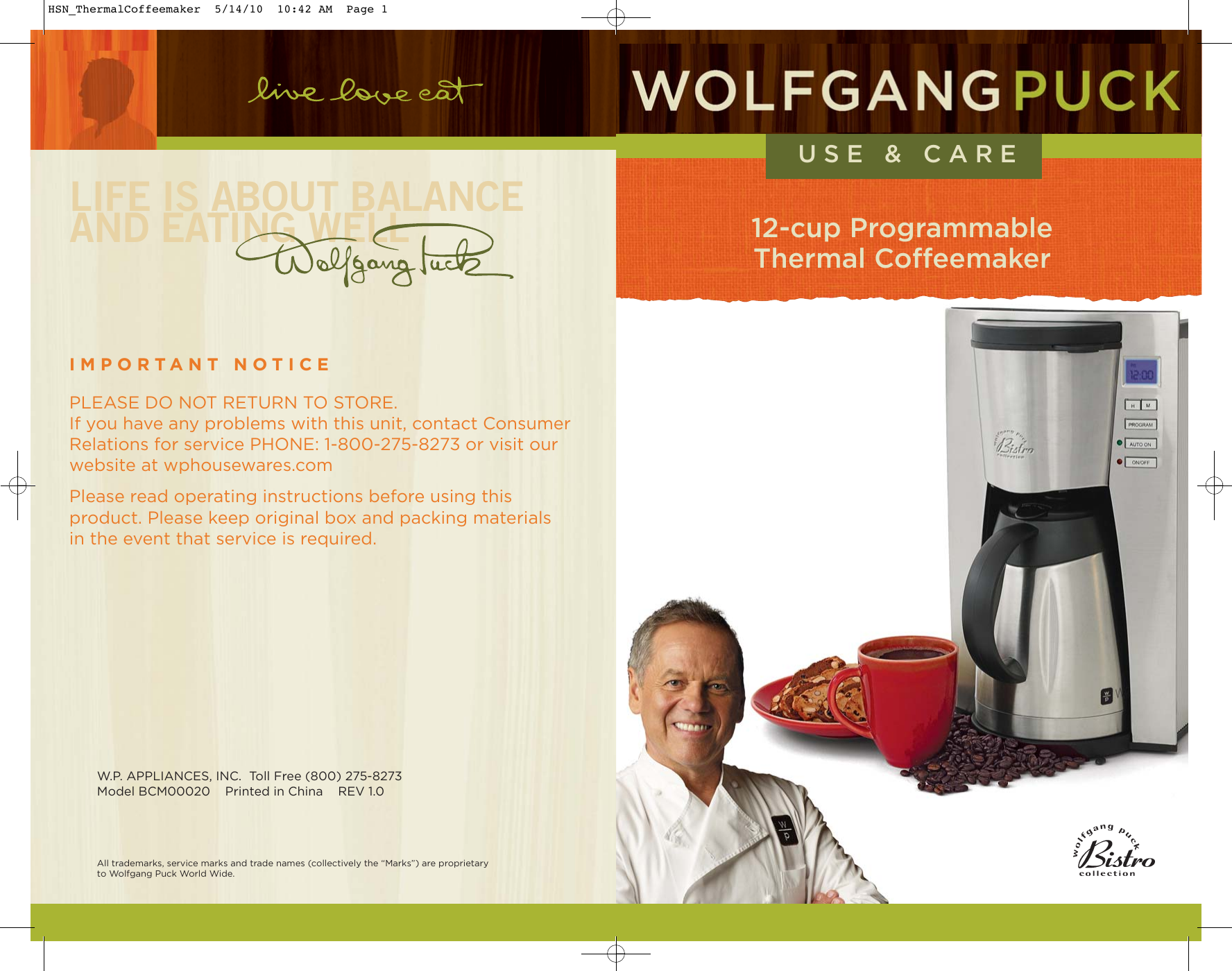 Wolfgang Puck Coffeemaker Bcm00020 Users Manual HSN ThermalCoffeemaker