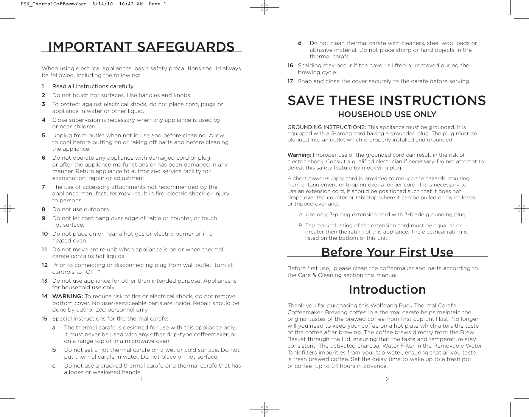 Page 2 of 12 - Wolfgang-Puck Wolfgang-Puck-Wolfgang-Puck-Coffeemaker--Bcm00020-Users-Manual- HSN_ThermalCoffeemaker  Wolfgang-puck-wolfgang-puck-coffeemaker--bcm00020-users-manual