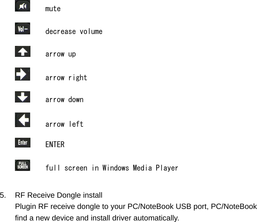    mute    decrease volume    arrow up    arrow right    arrow down    arrow left    ENTER    full screen in Windows Media Player   5.    RF Receive Dongle install Plugin RF receive dongle to your PC/NoteBook USB port, PC/NoteBook find a new device and install driver automatically.  