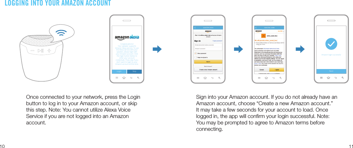 1110LOGGING INTO YOUR AMAZON ACCOUNTOnce connected to your network, press the Login button to log in to your Amazon account, or skip this step. Note: You cannot utilize Alexa Voice Service if you are not logged into an Amazon account.Sign into your Amazon account. If you do not already have an Amazon account, choose “Create a new Amazon account.”  It may take a few seconds for your account to load. Once logged in, the app will conﬁrm your login successful. Note: You may be prompted to agree to Amazon terms before connecting.2ɝFH:Lȴ1HWZRUN6SHDNHU1DPH 2ɝFH1H[WLogin SkipCongratulations! Your speaker supports $PD]RQ$OH[DVHUYLFH7RXVHWKH$OH[DVHUYLFHZLWK\RXUspeaker, please login with your Amazon account. Click the login button below to enter your account credentials. Press skip if you don’t want to login to your Amazon account at this time. 1H[W1H[W7KH/(&apos;OLJKWZLOOȵDVK3URFHHGWRWKHQH[WVWHS1H[WFRQȴUPDWLRQ+DYH\RXU1H[WConnected.How will you placethe speaker?Done2ɝFH:Lȴ1HWZRUN6SHDNHU1DPH 2ɝFH1H[W$PD]RQ$OH[DVHUYLFH7RXVHWKH$OH[DVHUYLFHZLWK\RXU1H[W1H[W7KH/(&apos;OLJKWZLOOȵDVK3URFHHGWRWKHQH[WVWHS1H[WFRQȴUPDWLRQ+DYH\RXU1H[W2ɝFH:Lȴ1HWZRUN6SHDNHU1DPH 2ɝFH1H[WAmazon login successful$PD]RQ$OH[DVHUYLFH7RXVHWKH$OH[DVHUYLFHZLWK\RXU1H[W1H[W7KH/(&apos;OLJKWZLOOȵDVK3URFHHGWRWKHQH[WVWHS1H[WFRQȴUPDWLRQ+DYH\RXU1H[W2ɝFH:Lȴ1HWZRUN6SHDNHU1DPH 2ɝFH1H[W$PD]RQ$OH[DVHUYLFH7RXVHWKH$OH[DVHUYLFHZLWK\RXU1H[W1H[W7KH/(&apos;OLJKWZLOOȵDVK3URFHHGWRWKHQH[WVWHS1H[WFRQȴUPDWLRQ+DYH\RXU1H[WJane Smith