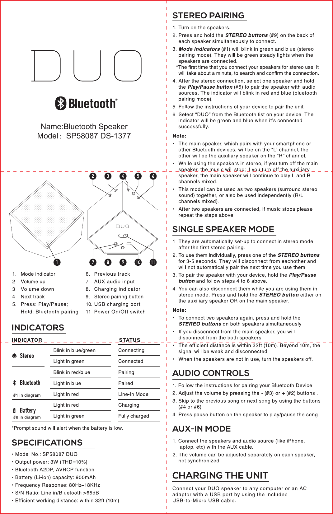 Name:Bluetooth SpeakerModel：SP58087 DS-1377