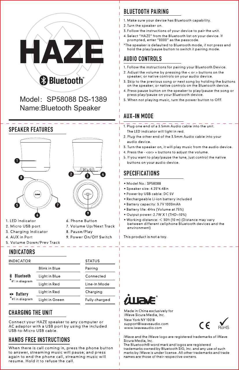Model：SP58088 DS-1389Name:Bluetooth SpeakerDO NOT PRINT THE DIECUT/FOLDING LINE.