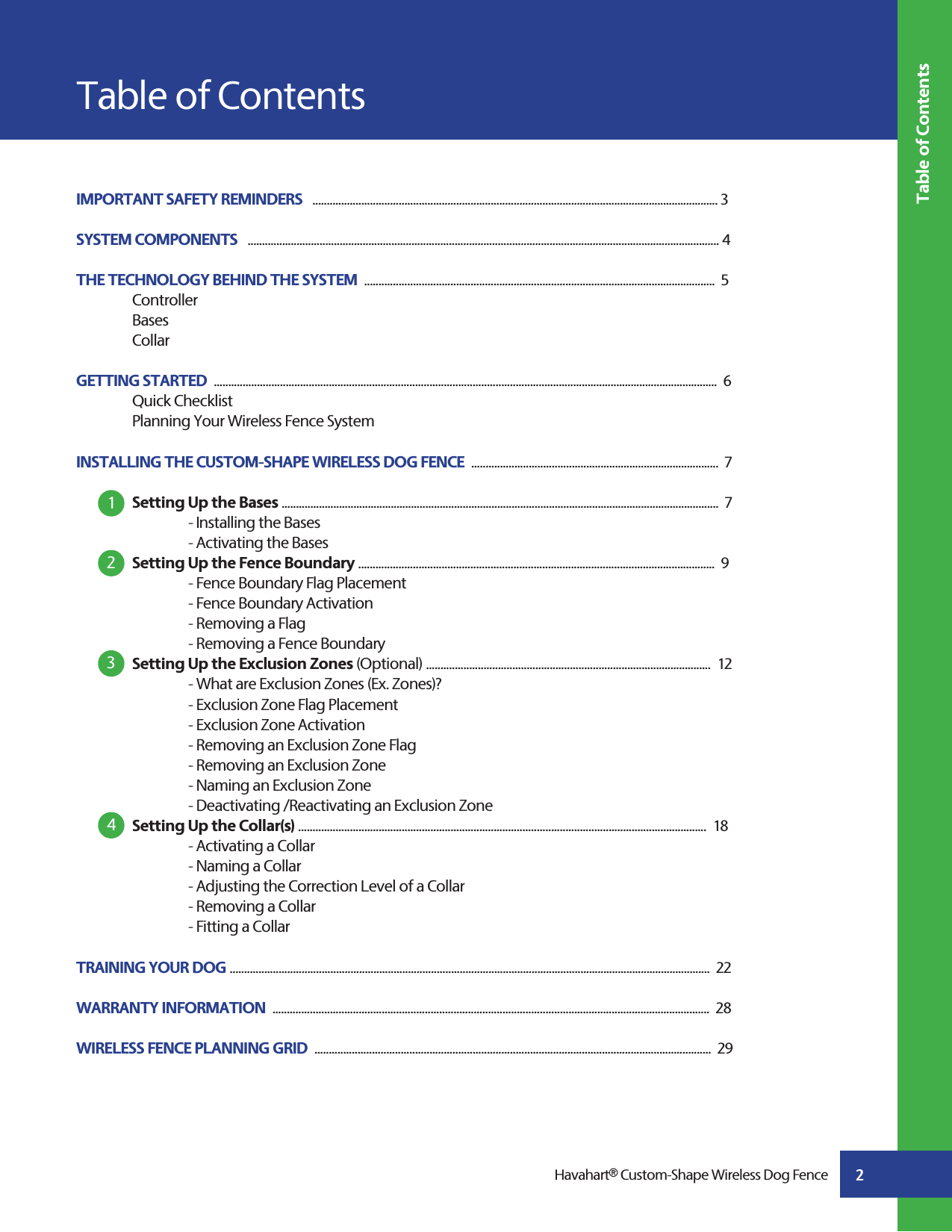 2Table of ContentsTable of ContentsIMPORTANT SAFETY REMINDERS   ............................................................................................................................................. 3SYSTEM COMPONENTS   .................................................................................................................................................................... 4THE TECHNOLOGY BEHIND THE SYSTEM  ..........................................................................................................................  5ControllerBasesCollarGETTING STARTED  ...............................................................................................................................................................................  6Quick ChecklistPlanning Your Wireless Fence SystemINSTALLING THE CUSTOM-SHAPE WIRELESS DOG FENCE  ......................................................................................  7Setting Up the Bases ........................................................................................................................................................  7- Installing the Bases- Activating the BasesSetting Up the Fence Boundary ............................................................................................................................  9- Fence Boundary Flag Placement- Fence Boundary Activation - Removing a Flag- Removing a Fence BoundarySetting Up the Exclusion Zones (Optional) ...................................................................................................  12- What are Exclusion Zones (Ex. Zones)?- Exclusion Zone Flag Placement- Exclusion Zone Activation- Removing an Exclusion Zone Flag- Removing an Exclusion Zone- Naming an Exclusion Zone- Deactivating /Reactivating an Exclusion ZoneSetting Up the Collar(s) ..............................................................................................................................................  18- Activating a Collar- Naming a Collar- Adjusting the Correction Level of a Collar- Removing a Collar- Fitting a CollarTRAINING YOUR DOG .......................................................................................................................................................................  22WARRANTY INFORMATION  ........................................................................................................................................................  28WIRELESS FENCE PLANNING GRID  ..........................................................................................................................................  291234Havahart® Custom-Shape Wireless Dog Fence