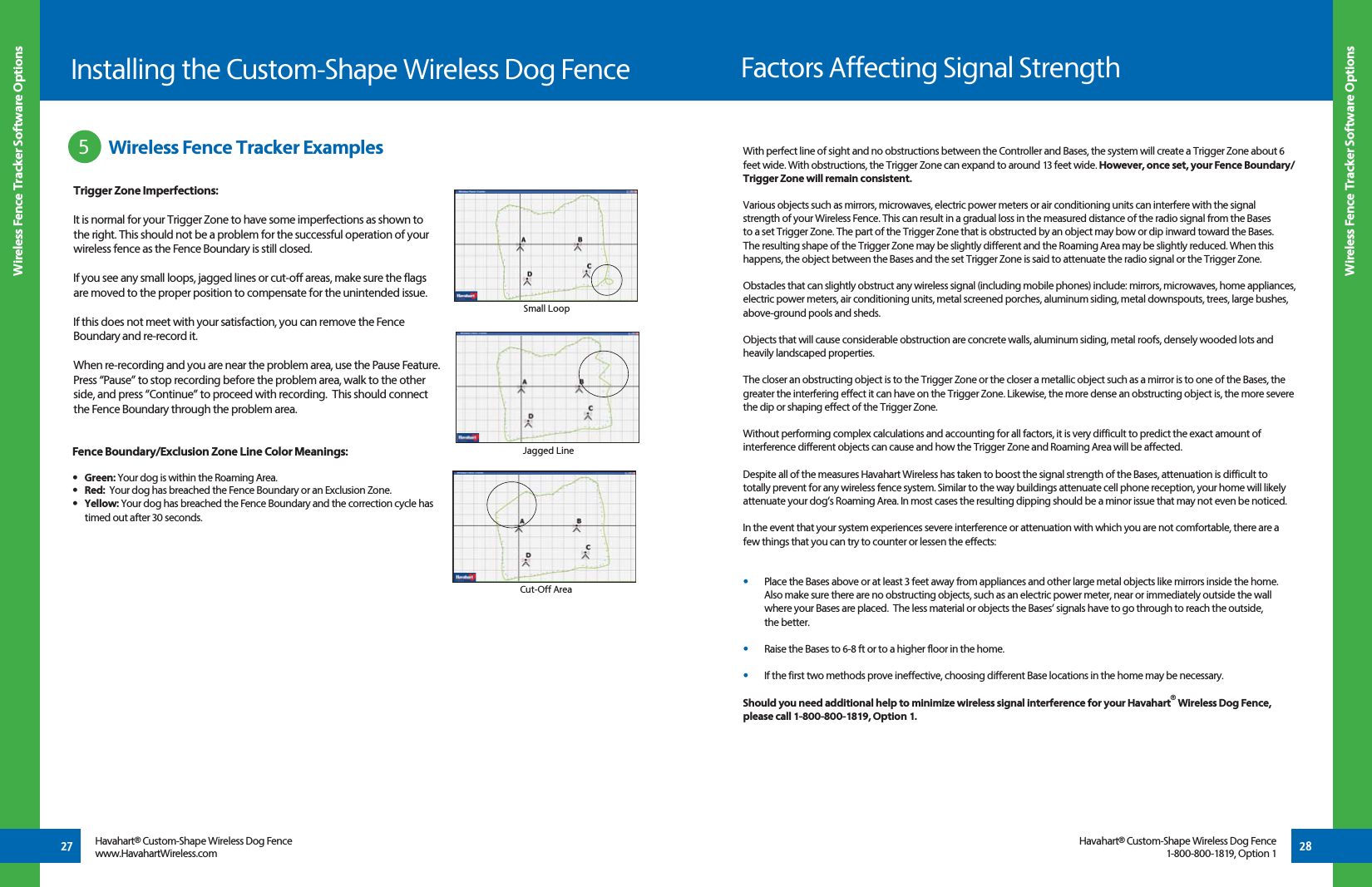 27 28Havahart® Custom-Shape Wireless Dog Fencewww.HavahartWireless.comHavahart® Custom-Shape Wireless Dog Fence1-800-800-1819, Option 1Wireless Fence Tracker Software OptionsInstalling the Custom-Shape Wireless Dog FenceWireless Fence Tracker Software Options Wireless Fence Tracker Examples5  26Trigger Zone Imperfections:It is normal for your Trigger Zone to have some imperfections as shown to the right. This should not be a problem for the successful operation of your wireless fence as the Fence Boundary is still closed.  If you see any small loops, jagged lines or cut-off areas, make sure the flags are moved to the proper position to compensate for the unintended issue. If this does not meet with your satisfaction, you can remove the Fence Boundary and re-record it.  When re-recording and you are near the problem area, use the Pause Feature.  Press “Pause” to stop recording before the problem area, walk to the other side, and press “Continue” to proceed with recording.  This should connect the Fence Boundary through the problem area.Fence Boundary/Exclusion Zone Line Color Meanings:•  Green: Your dog is within the Roaming Area.•  Red:  Your dog has breached the Fence Boundary or an Exclusion Zone.•  Yellow: Your dog has breached the Fence Boundary and the correction cycle has timed out after 30 seconds.Small LoopJagged LineCut-Off AreaFactors Affecting Signal StrengthWith perfect line of sight and no obstructions between the Controller and Bases, the system will create a Trigger Zone about 6 feet wide. With obstructions, the Trigger Zone can expand to around 13 feet wide. However, once set, your Fence Boundary/Trigger Zone will remain consistent. Various objects such as mirrors, microwaves, electric power meters or air conditioning units can interfere with the signal strength of your Wireless Fence. This can result in a gradual loss in the measured distance of the radio signal from the Bases to a set Trigger Zone. The part of the Trigger Zone that is obstructed by an object may bow or dip inward toward the Bases. The resulting shape of the Trigger Zone may be slightly different and the Roaming Area may be slightly reduced. When this happens, the object between the Bases and the set Trigger Zone is said to attenuate the radio signal or the Trigger Zone.Obstacles that can slightly obstruct any wireless signal (including mobile phones) include: mirrors, microwaves, home appliances, electric power meters, air conditioning units, metal screened porches, aluminum siding, metal downspouts, trees, large bushes, above-ground pools and sheds. Objects that will cause considerable obstruction are concrete walls, aluminum siding, metal roofs, densely wooded lots and heavily landscaped properties. The closer an obstructing object is to the Trigger Zone or the closer a metallic object such as a mirror is to one of the Bases, the greater the interfering effect it can have on the Trigger Zone. Likewise, the more dense an obstructing object is, the more severe the dip or shaping effect of the Trigger Zone.Without performing complex calculations and accounting for all factors, it is very difficult to predict the exact amount of interference different objects can cause and how the Trigger Zone and Roaming Area will be affected. Despite all of the measures Havahart Wireless has taken to boost the signal strength of the Bases, attenuation is difficult to totally prevent for any wireless fence system. Similar to the way buildings attenuate cell phone reception, your home will likely attenuate your dog’s Roaming Area. In most cases the resulting dipping should be a minor issue that may not even be noticed.In the event that your system experiences severe interference or attenuation with which you are not comfortable, there are a few things that you can try to counter or lessen the effects:  •   Place the Bases above or at least 3 feet away from appliances and other large metal objects like mirrors inside the home.    Also make sure there are no obstructing objects, such as an electric power meter, near or immediately outside the wall    where your Bases are placed.  The less material or objects the Bases’ signals have to go through to reach the outside,   the better. •   Raise the Bases to 6-8 ft or to a higher floor in the home.•   If the first two methods prove ineffective, choosing different Base locations in the home may be necessary.Should you need additional help to minimize wireless signal interference for your Havahart® Wireless Dog Fence, please call 1-800-800-1819, Option 1.