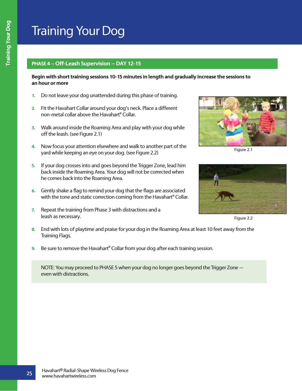 Training Your Dog25Training Your DogPHASE 4 -- Off-Leash Supervision -- DAY 12-15 Begin with short training sessions 10-15 minutes in length and gradually increase the sessions to an hour or more1.   Do not leave your dog unattended during this phase of training.2.   Fit the Havahart Collar around your dog’s neck. Place a different   non-metal collar above the Havahart® Collar. 3.   Walk around inside the Roaming Area and play with your dog while   off the leash. (see Figure 2.1)4.   Now focus your attention elsewhere and walk to another part of the   yard while keeping an eye on your dog. (see Figure 2.2)5.   If your dog crosses into and goes beyond the Trigger Zone, lead him   back inside the Roaming Area. Your dog will not be corrected when    he comes back into the Roaming Area.6.   Gently shake a flag to remind your dog that the flags are associated   with the tone and static correction coming from the Havahart® Collar. 7.   Repeat the training from Phase 3 with distractions and a   leash as necessary.8.   End with lots of playtime and praise for your dog in the Roaming Area at least 10 feet away from the  Training Flags.9.   Be sure to remove the Havahart® Collar from your dog after each training session.  NOTE: You may proceed to PHASE 5 when your dog no longer goes beyond the Trigger Zone ---   even with distractions.Havahart® Radial-Shape Wireless Dog Fencewww.havahartwireless.comFigure 2.1Figure 2.2