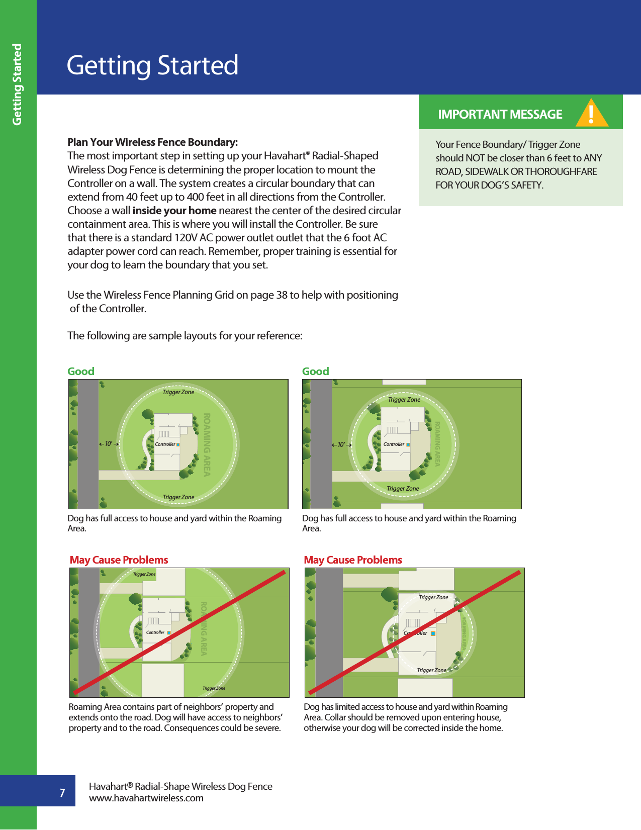 Getting StartedGetting Started7Havahart® Radial-Shape Wireless Dog Fencewww.havahartwireless.comPlan Your Wireless Fence Boundary:The most important step in setting up your Havahart® Radial-Shaped Wireless Dog Fence is determining the proper location to mount the Controller on a wall. The system creates a circular boundary that can extend from 40 feet up to 400 feet in all directions from the Controller. Choose a wall inside your home nearest the center of the desired circular containment area. This is where you will install the Controller. Be sure that there is a standard 120V AC power outlet outlet that the 6 foot AC adapter power cord can reach. Remember, proper training is essential for your dog to learn the boundary that you set.Use the Wireless Fence Planning Grid on page 38 to help with positioning   of the Controller.The following are sample layouts for your reference:ROAMING AREATrigger ZoneTrigger ZoneController10 ’ROAMING AREATrigger ZoneTrigger ZoneControllerROAMING AREAROAMING AREATrigger ZoneTrigger ZoneControllerROAMING AREATrigger ZoneTrigger ZoneController10 ’Dog has full access to house and yard within the Roaming Area.Roaming Area contains part of neighbors’ property and extends onto the road. Dog will have access to neighbors’ property and to the road. Consequences could be severe.Dog has limited access to house and yard within Roaming  Area. Collar should be removed upon entering house, otherwise your dog will be corrected inside the home.Dog has full access to house and yard within the Roaming Area. Good GoodMay Cause Problems May Cause ProblemsYour Fence Boundary/ Trigger Zone should NOT be closer than 6 feet to ANY ROAD, SIDEWALK OR THOROUGHFARE FOR YOUR DOG’S SAFETY.! IMPORTANT MESSAGE