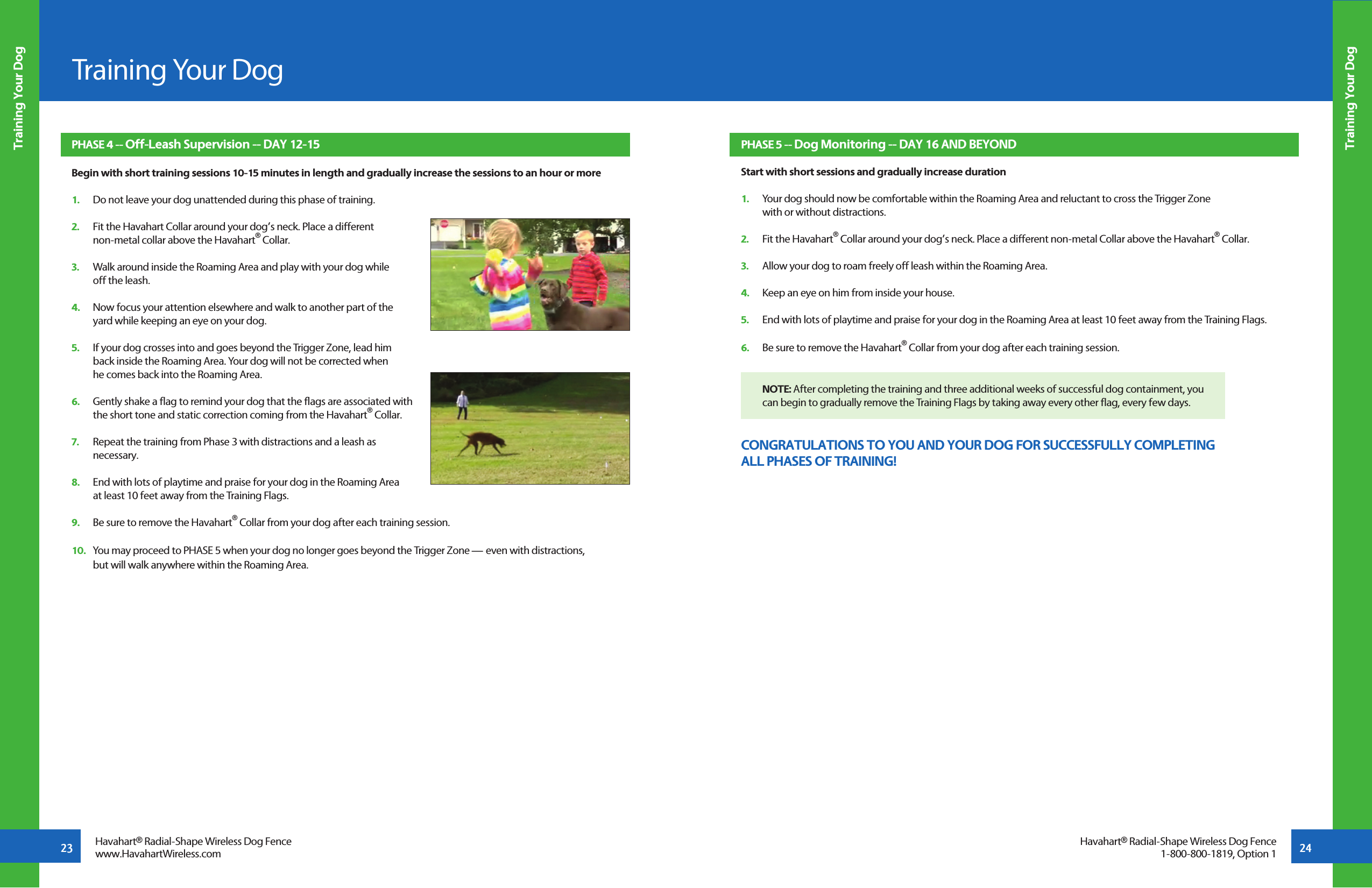 Training Your Dog23 24Training Your DogTraining Your DogHavahart® Radial-Shape Wireless Dog Fencewww.HavahartWireless.comHavahart® Radial-Shape Wireless Dog Fence1-800-800-1819, Option 1PHASE 4 -- Off-Leash Supervision -- DAY 12-15 Begin with short training sessions 10-15 minutes in length and gradually increase the sessions to an hour or more1.   Do not leave your dog unattended during this phase of training.2.   Fit the Havahart Collar around your dog’s neck. Place a different   non-metal collar above the Havahart® Collar. 3.   Walk around inside the Roaming Area and play with your dog while   off the leash.4.   Now focus your attention elsewhere and walk to another part of the   yard while keeping an eye on your dog.5.   If your dog crosses into and goes beyond the Trigger Zone, lead him   back inside the Roaming Area. Your dog will not be corrected when    he comes back into the Roaming Area.6.   Gently shake a flag to remind your dog that the flags are associated with   the short tone and static correction coming from the Havahart® Collar. 7.   Repeat the training from Phase 3 with distractions and a leash as   necessary.8.   End with lots of playtime and praise for your dog in the Roaming Area   at least 10 feet away from the Training Flags.9.   Be sure to remove the Havahart® Collar from your dog after each training session.10.   You may proceed to PHASE 5 when your dog no longer goes beyond the Trigger Zone — even with distractions,   but will walk anywhere within the Roaming Area.PHASE 5 -- Dog Monitoring -- DAY 16 AND BEYONDStart with short sessions and gradually increase duration1.   Your dog should now be comfortable within the Roaming Area and reluctant to cross the Trigger Zone   with or without distractions.2.   Fit the Havahart® Collar around your dog’s neck. Place a different non-metal Collar above the Havahart® Collar.  3.   Allow your dog to roam freely off leash within the Roaming Area. 4.   Keep an eye on him from inside your house. 5.   End with lots of playtime and praise for your dog in the Roaming Area at least 10 feet away from the Training Flags.6.   Be sure to remove the Havahart® Collar from your dog after each training session.  NOTE: After completing the training and three additional weeks of successful dog containment, you   can begin to gradually remove the Training Flags by taking away every other flag, every few days. CONGRATULATIONS TO YOU AND YOUR DOG FOR SUCCESSFULLY COMPLETING ALL PHASES OF TRAINING!