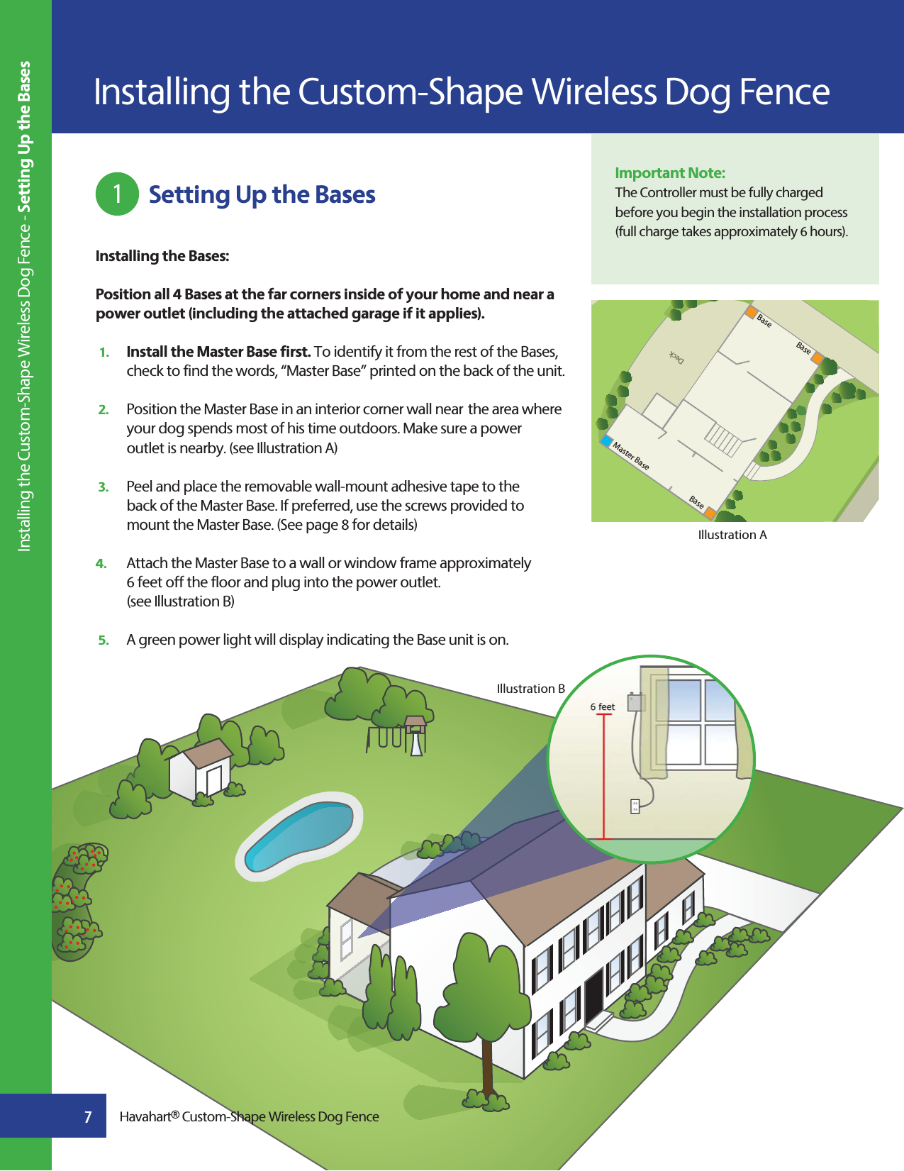 Important Note:The Controller must be fully charged before you begin the installation process (full charge takes approximately 6 hours).  Setting Up the BasesInstalling the Bases:Position all 4 Bases at the far corners inside of your home and near a power outlet (including the attached garage if it applies). 1.   Install the Master Base first. To identify it from the rest of the Bases,    check to find the words, “Master Base” printed on the back of the unit.2.   Position the Master Base in an interior corner wall near  the area where    your dog spends most of his time outdoors. Make sure a power    outlet is nearby. (see Illustration A)3.   Peel and place the removable wall-mount adhesive tape to the    back of the Master Base. If preferred, use the screws provided to    mount the Master Base. (See page 8 for details)4.   Attach the Master Base to a wall or window frame approximately    6 feet off the floor and plug into the power outlet.    (see Illustration B)5.   A green power light will display indicating the Base unit is on. DeckMaster Base BaseBaseBaseInstalling the Custom-Shape Wireless Dog FenceHavahart® Custom-Shape Wireless Dog Fence71 Installing the Custom-Shape Wireless Dog Fence - Setting Up the BasesIllustration AIllustration B