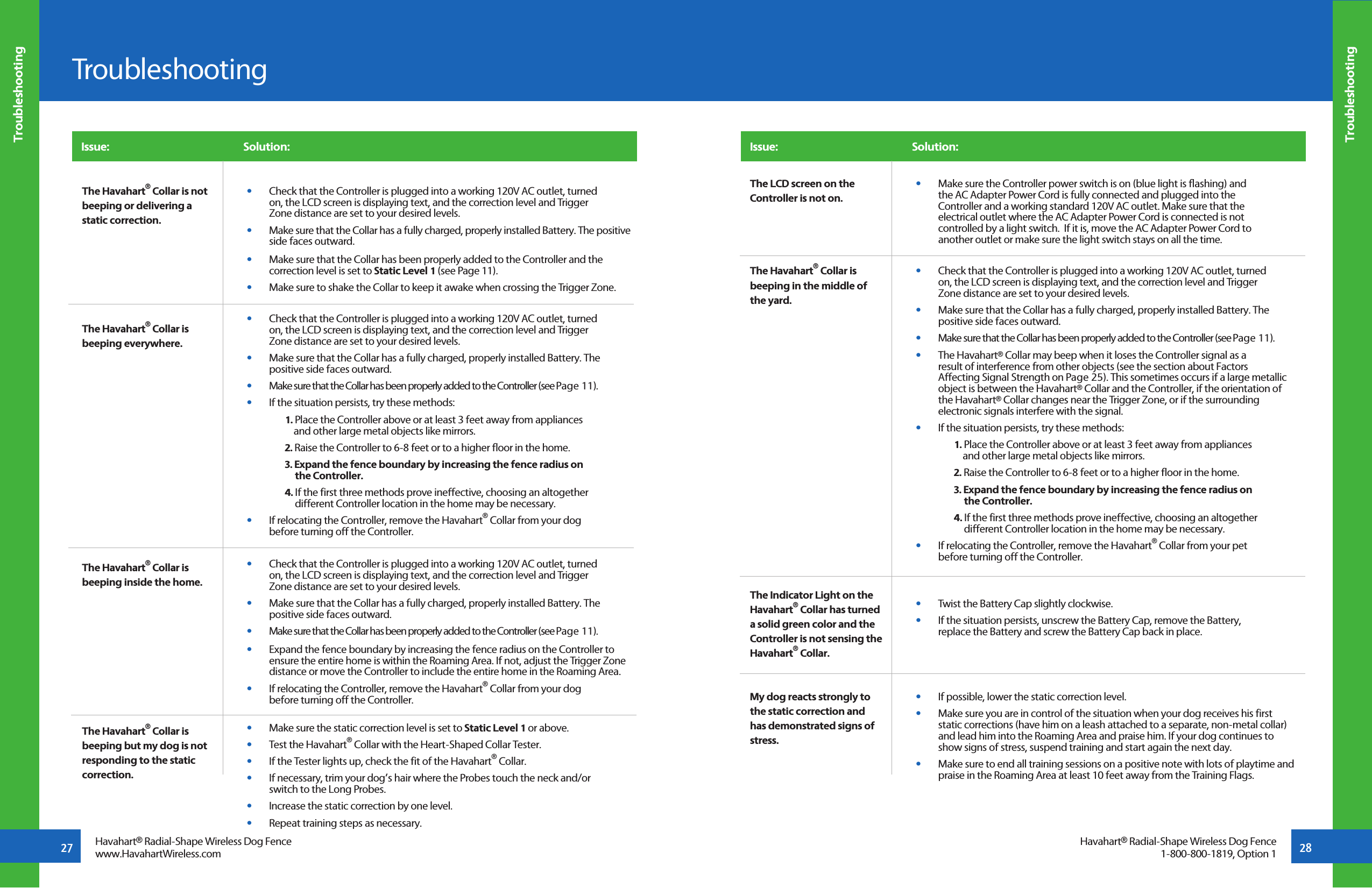 27 Havahart® Radial-Shape Wireless Dog Fencewww.HavahartWireless.comTroubleshootingTroubleshooting28TroubleshootingHavahart® Radial-Shape Wireless Dog Fence1-800-800-1819, Option 1Issue:                                                         Solution: The Havahart® Collar is not beeping or delivering a static correction.The Havahart® Collar is beeping everywhere.The Havahart® Collar is beeping inside the home.The Havahart® Collar is beeping but my dog is not responding to the static correction.•   Check that the Controller is plugged into a working 120V AC outlet, turned      on, the LCD screen is displaying text, and the correction level and Trigger      Zone distance are set to your desired levels.•   Make sure that the Collar has a fully charged, properly installed Battery. The positive    side faces outward.•   Make sure that the Collar has been properly added to the Controller and the     correction level is set to Static Level 1 (see Page 11).•   Make sure to shake the Collar to keep it awake when crossing the Trigger Zone.•   Check that the Controller is plugged into a working 120V AC outlet, turned   on, the LCD screen is displaying text, and the correction level and Trigger    Zone distance are set to your desired levels.•   Make sure that the Collar has a fully charged, properly installed Battery. The   positive side faces outward. •   Make sure that the Collar has been properly added to the Controller (see Page 11).•   If the situation persists, try these methods:     1. Place the Controller above or at least 3 feet away from appliances                and other large metal objects like mirrors.    2. Raise the Controller to 6-8 feet or to a higher floor in the home.    3. Expand the fence boundary by increasing the fence radius on       the Controller.    4. If the first three methods prove ineffective, choosing an altogether       different Controller location in the home may be necessary. •   If relocating the Controller, remove the Havahart® Collar from your dog      before turning off the Controller.•   Check that the Controller is plugged into a working 120V AC outlet, turned      on, the LCD screen is displaying text, and the correction level and Trigger      Zone distance are set to your desired levels.•   Make sure that the Collar has a fully charged, properly installed Battery. The   positive side faces outward.•   Make sure that the Collar has been properly added to the Controller (see Page 11).•   Expand the fence boundary by increasing the fence radius on the Controller to    ensure the entire home is within the Roaming Area. If not, adjust the Trigger Zone    distance or move the Controller to include the entire home in the Roaming Area.•   If relocating the Controller, remove the Havahart® Collar from your dog      before turning off the Controller.•   Make sure the static correction level is set to Static Level 1 or above.•   Test the Havahart® Collar with the Heart-Shaped Collar Tester.•   If the Tester lights up, check the fit of the Havahart® Collar.•   If necessary, trim your dog’s hair where the Probes touch the neck and/or      switch to the Long Probes.•   Increase the static correction by one level.•   Repeat training steps as necessary.Issue:                                                         Solution: The LCD screen on the Controller is not on. The Havahart® Collar is beeping in the middle of the yard.The Indicator Light on the Havahart® Collar has turned a solid green color and the Controller is not sensing the Havahart® Collar.My dog reacts strongly to the static correction and has demonstrated signs of stress.•   Make sure the Controller power switch is on (blue light is flashing) and      the AC Adapter Power Cord is fully connected and plugged into the      Controller and a working standard 120V AC outlet. Make sure that the   electrical outlet where the AC Adapter Power Cord is connected is not    controlled by a light switch.  If it is, move the AC Adapter Power Cord to    another outlet or make sure the light switch stays on all the time.•   Check that the Controller is plugged into a working 120V AC outlet, turned      on, the LCD screen is displaying text, and the correction level and Trigger      Zone distance are set to your desired levels.•   Make sure that the Collar has a fully charged, properly installed Battery. The   positive side faces outward.•   Make sure that the Collar has been properly added to the Controller (see Page 11).•   The Havahart® Collar may beep when it loses the Controller signal as a      result of interference from other objects (see the section about Factors      Affecting Signal Strength on Page 25). This sometimes occurs if a large metallic    object is between the Havahart® Collar and the Controller, if the orientation of   the Havahart® Collar changes near the Trigger Zone, or if the surrounding   electronic signals interfere with the signal. •   If the situation persists, try these methods:    1. Place the Controller above or at least 3 feet away from appliances                and other large metal objects like mirrors.    2. Raise the Controller to 6-8 feet or to a higher floor in the home.    3. Expand the fence boundary by increasing the fence radius on       the Controller.    4. If the first three methods prove ineffective, choosing an altogether       different Controller location in the home may be necessary. •   If relocating the Controller, remove the Havahart® Collar from your pet      before turning off the Controller.•   Twist the Battery Cap slightly clockwise.•   If the situation persists, unscrew the Battery Cap, remove the Battery,        replace the Battery and screw the Battery Cap back in place.•   If possible, lower the static correction level. •   Make sure you are in control of the situation when your dog receives his first   static corrections (have him on a leash attached to a separate, non-metal collar)    and lead him into the Roaming Area and praise him. If your dog continues to    show signs of stress, suspend training and start again the next day.•   Make sure to end all training sessions on a positive note with lots of playtime and   praise in the Roaming Area at least 10 feet away from the Training Flags.