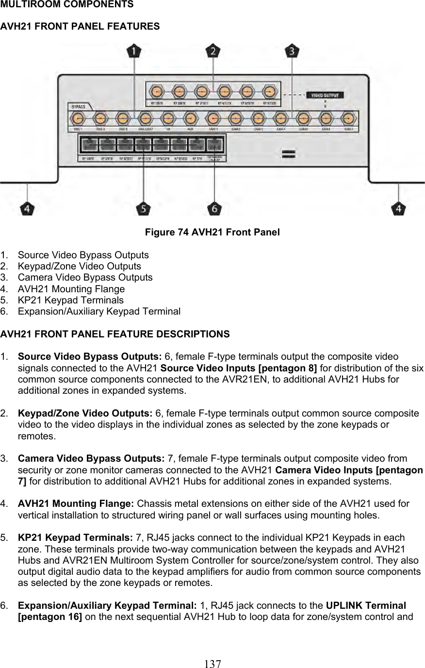  137MULTIROOM COMPONENTS  AVH21 FRONT PANEL FEATURES    Figure 74 AVH21 Front Panel  1.  Source Video Bypass Outputs 2.  Keypad/Zone Video Outputs 3.  Camera Video Bypass Outputs 4.  AVH21 Mounting Flange 5. KP21 Keypad Terminals 6.  Expansion/Auxiliary Keypad Terminal  AVH21 FRONT PANEL FEATURE DESCRIPTIONS  1.  Source Video Bypass Outputs: 6, female F-type terminals output the composite video signals connected to the AVH21 Source Video Inputs [pentagon 8] for distribution of the six common source components connected to the AVR21EN, to additional AVH21 Hubs for additional zones in expanded systems.  2.  Keypad/Zone Video Outputs: 6, female F-type terminals output common source composite video to the video displays in the individual zones as selected by the zone keypads or remotes.  3.  Camera Video Bypass Outputs: 7, female F-type terminals output composite video from security or zone monitor cameras connected to the AVH21 Camera Video Inputs [pentagon 7] for distribution to additional AVH21 Hubs for additional zones in expanded systems.  4.  AVH21 Mounting Flange: Chassis metal extensions on either side of the AVH21 used for vertical installation to structured wiring panel or wall surfaces using mounting holes.  5.  KP21 Keypad Terminals: 7, RJ45 jacks connect to the individual KP21 Keypads in each zone. These terminals provide two-way communication between the keypads and AVH21 Hubs and AVR21EN Multiroom System Controller for source/zone/system control. They also output digital audio data to the keypad amplifiers for audio from common source components as selected by the zone keypads or remotes.  6.  Expansion/Auxiliary Keypad Terminal: 1, RJ45 jack connects to the UPLINK Terminal [pentagon 16] on the next sequential AVH21 Hub to loop data for zone/system control and 