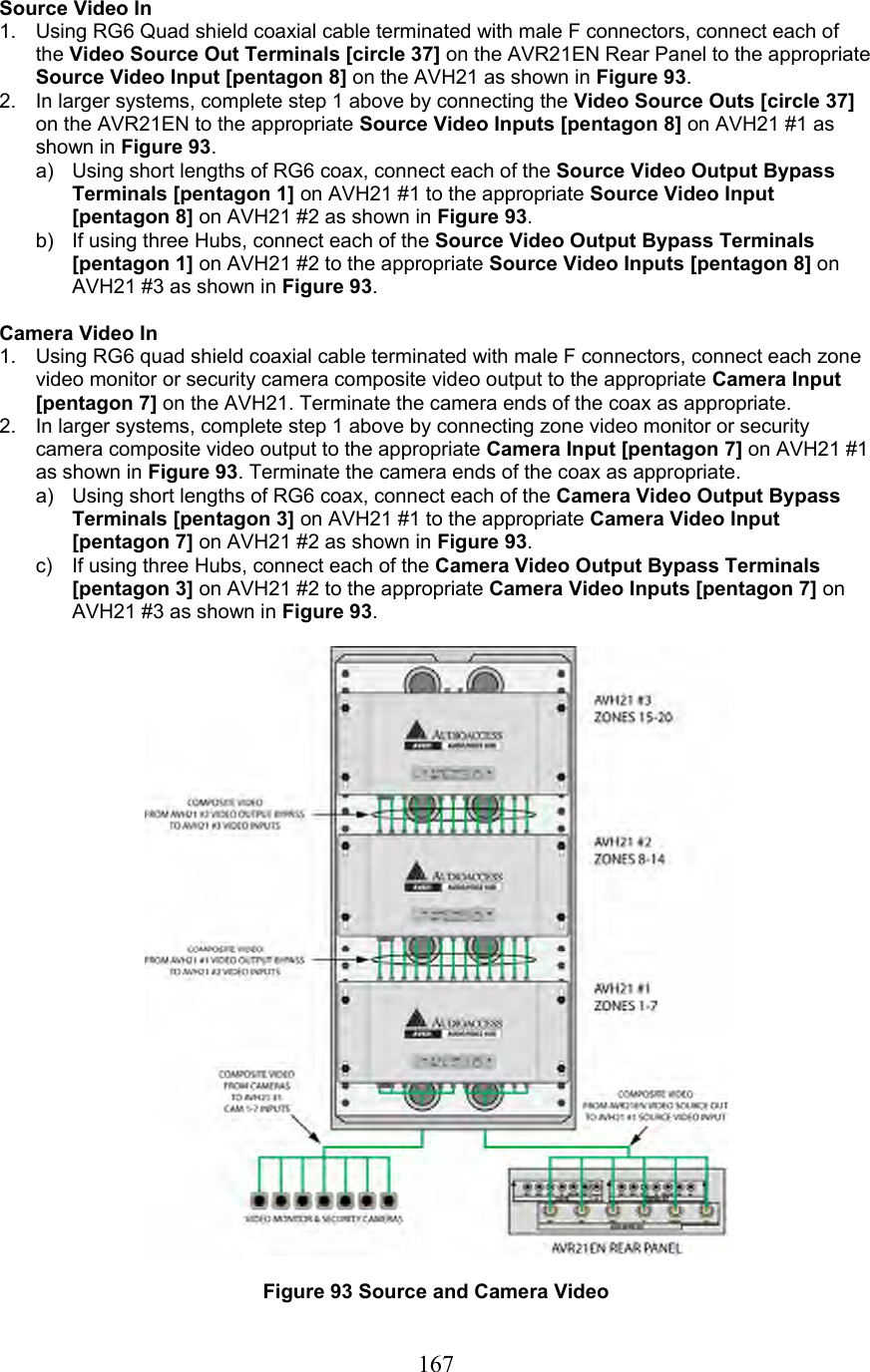  167Source Video In 1.  Using RG6 Quad shield coaxial cable terminated with male F connectors, connect each of the Video Source Out Terminals [circle 37] on the AVR21EN Rear Panel to the appropriate Source Video Input [pentagon 8] on the AVH21 as shown in Figure 93. 2.  In larger systems, complete step 1 above by connecting the Video Source Outs [circle 37] on the AVR21EN to the appropriate Source Video Inputs [pentagon 8] on AVH21 #1 as shown in Figure 93. a)  Using short lengths of RG6 coax, connect each of the Source Video Output Bypass Terminals [pentagon 1] on AVH21 #1 to the appropriate Source Video Input [pentagon 8] on AVH21 #2 as shown in Figure 93. b)  If using three Hubs, connect each of the Source Video Output Bypass Terminals [pentagon 1] on AVH21 #2 to the appropriate Source Video Inputs [pentagon 8] on AVH21 #3 as shown in Figure 93.  Camera Video In 1.  Using RG6 quad shield coaxial cable terminated with male F connectors, connect each zone video monitor or security camera composite video output to the appropriate Camera Input [pentagon 7] on the AVH21. Terminate the camera ends of the coax as appropriate. 2.  In larger systems, complete step 1 above by connecting zone video monitor or security camera composite video output to the appropriate Camera Input [pentagon 7] on AVH21 #1 as shown in Figure 93. Terminate the camera ends of the coax as appropriate. a)  Using short lengths of RG6 coax, connect each of the Camera Video Output Bypass Terminals [pentagon 3] on AVH21 #1 to the appropriate Camera Video Input [pentagon 7] on AVH21 #2 as shown in Figure 93. c)  If using three Hubs, connect each of the Camera Video Output Bypass Terminals [pentagon 3] on AVH21 #2 to the appropriate Camera Video Inputs [pentagon 7] on AVH21 #3 as shown in Figure 93.    Figure 93 Source and Camera Video 