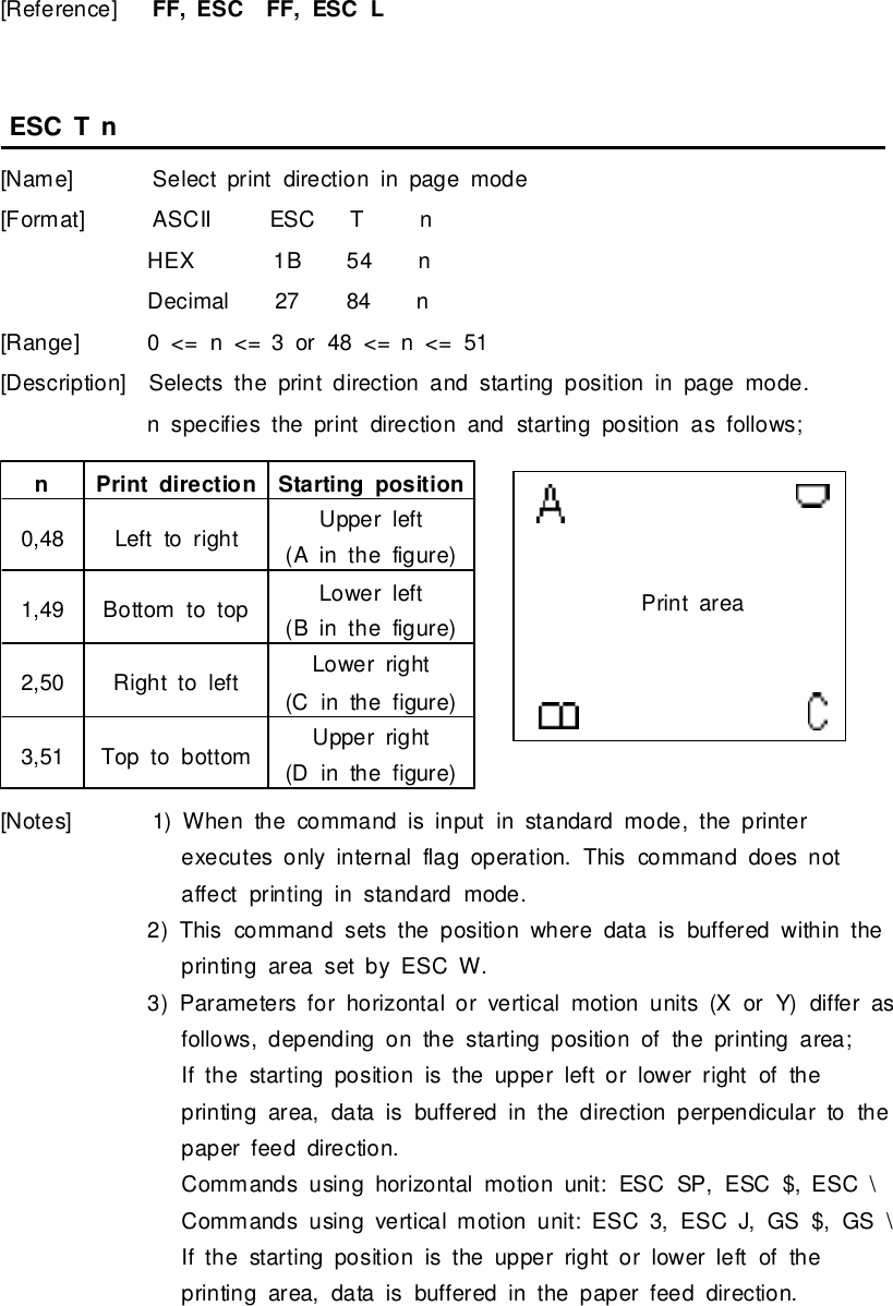 [Reference]FF,ESCFF,ESCLESCT n[Name]Selectprintdirection in page mode[Format] ASCII ESCTnHEX 1B54 nDecimal27 84 n[Range]0&lt;= n&lt;= 3 or48 &lt;= n&lt;= 51[Description]Selectsthe printdirection and starting position in page mode.nspecifiesthe printdirection and starting position asfollows;[Notes]1)When the command isinputinstandardmode, the printerexecutesonlyinternalflag operation.This command doesnotaffectprinting instandardmode.2)This command setsthe position where dataisbuffered withintheprinting area setbyESCW.3)Parametersforhorizontalorverticalmotion units(XorY)differasfollows,depending on the starting position of the printing area;If the starting position isthe upperleft orlower rightof theprinting area,dataisbuffered inthe direction perpendiculartothepaperfeed direction.Commandsusing horizontalmotion unit: ESCSP,ESC$,ESC\Commandsusing verticalmotion unit: ESC3,ESCJ,GS$,GS\If the starting position isthe upper rightorlowerleft of theprinting area,dataisbuffered inthe paperfeed direction.nPrintdirection Starting position0,48 Left torightUpperleft(Ainthe figure)1,49 Bottomtotop Lowerleft(Binthe figure)2,50 Right toleft Lower right(Cinthe figure)3,51 Top to bottomUpper right(Dinthe figure)Printarea