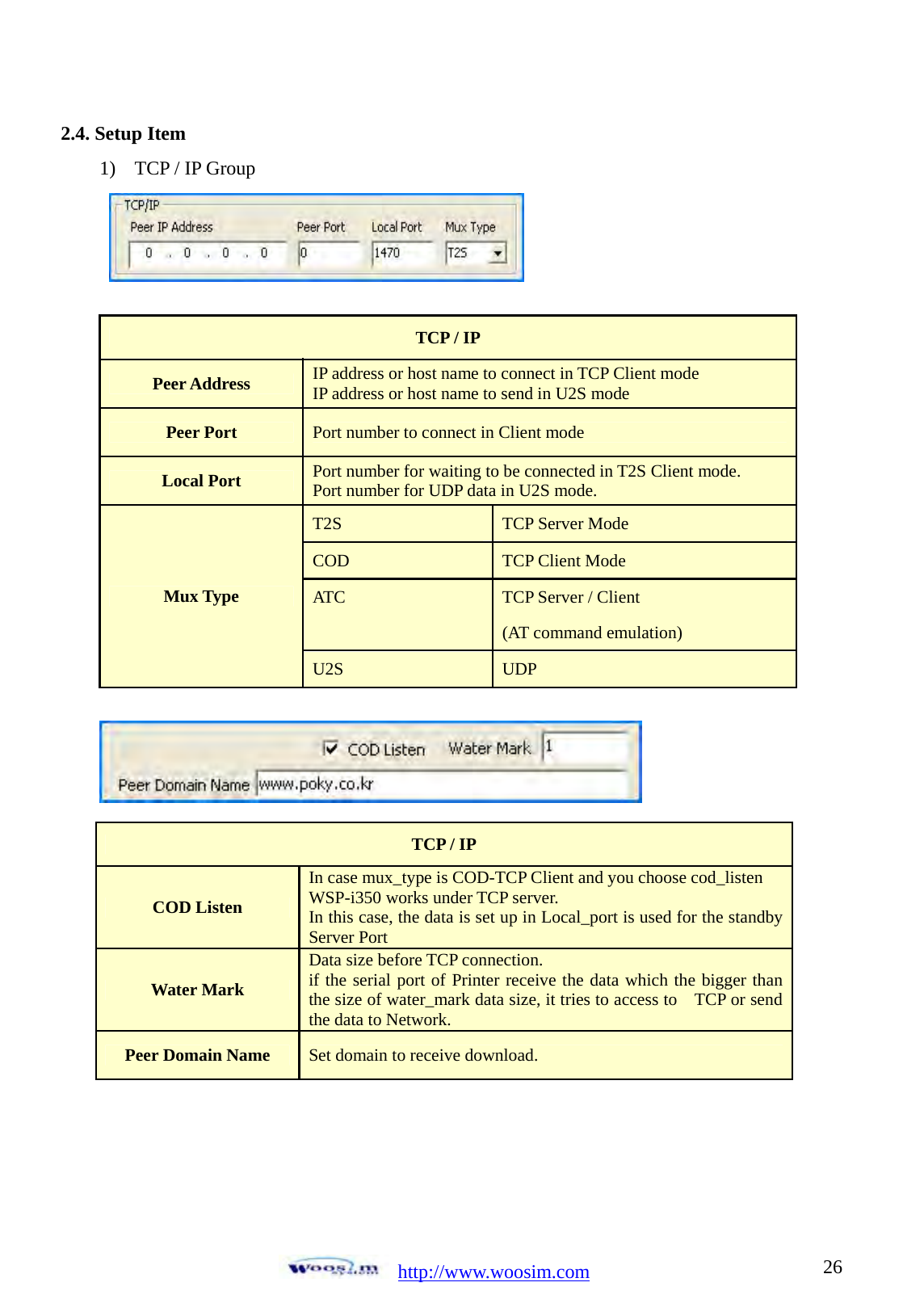  http://www.woosim.com 262.4. Setup Item   1) TCP / IP Group                          TCP / IP Peer Address  IP address or host name to connect in TCP Client mode IP address or host name to send in U2S mode Peer Port  Port number to connect in Client mode Local Port  Port number for waiting to be connected in T2S Client mode. Port number for UDP data in U2S mode. Mux Type T2S  TCP Server Mode COD  TCP Client Mode AT C  TCP Server / Client (AT command emulation) U2S  UDP TCP / IP COD Listen In case mux_type is COD-TCP Client and you choose cod_listen WSP-i350 works under TCP server. In this case, the data is set up in Local_port is used for the standby Server Port Water Mark Data size before TCP connection. if the serial port of Printer receive the data which the bigger than the size of water_mark data size, it tries to access to    TCP or send the data to Network. Peer Domain Name  Set domain to receive download.  