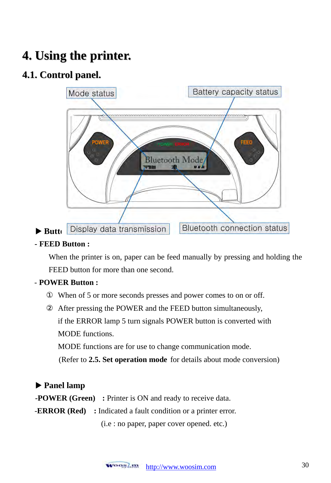  http://www.woosim.com 3044..  UUssiinngg  tthhee  pprriinntteerr..  44..11..  CCoonnttrrooll  ppaanneell..                                         X Button - FEED Button : When the printer is on, paper can be feed manually by pressing and holding the FEED button for more than one second.   - POWER Button :    ①  When of 5 or more seconds presses and power comes to on or off.    ②  After pressing the POWER and the FEED button simultaneously,               if the ERROR lamp 5 turn signals POWER button is converted with   MODE functions. MODE functions are for use to change communication mode. (Refer to 2.5. Set operation mode for details about mode conversion)  X Panel lamp -POWER (Green)  : Printer is ON and ready to receive data. -ERROR (Red)  : Indicated a fault condition or a printer error.                     (i.e : no paper, paper cover opened. etc.)  