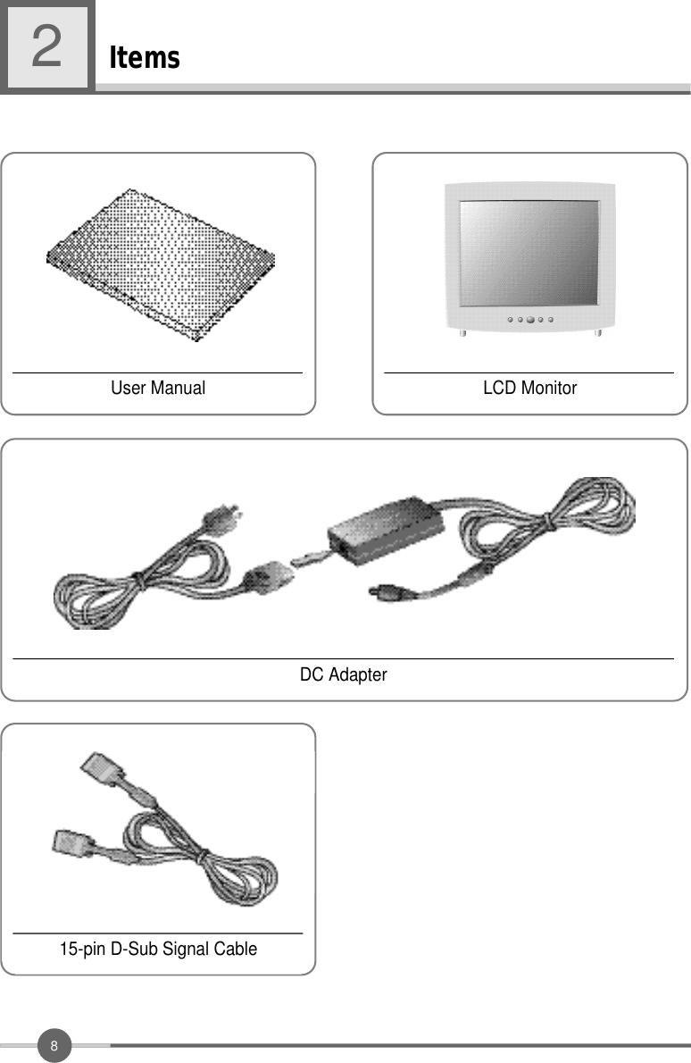 8Items2LCD MonitorDC Adapter15-pin D-Sub Signal CableUser Manual