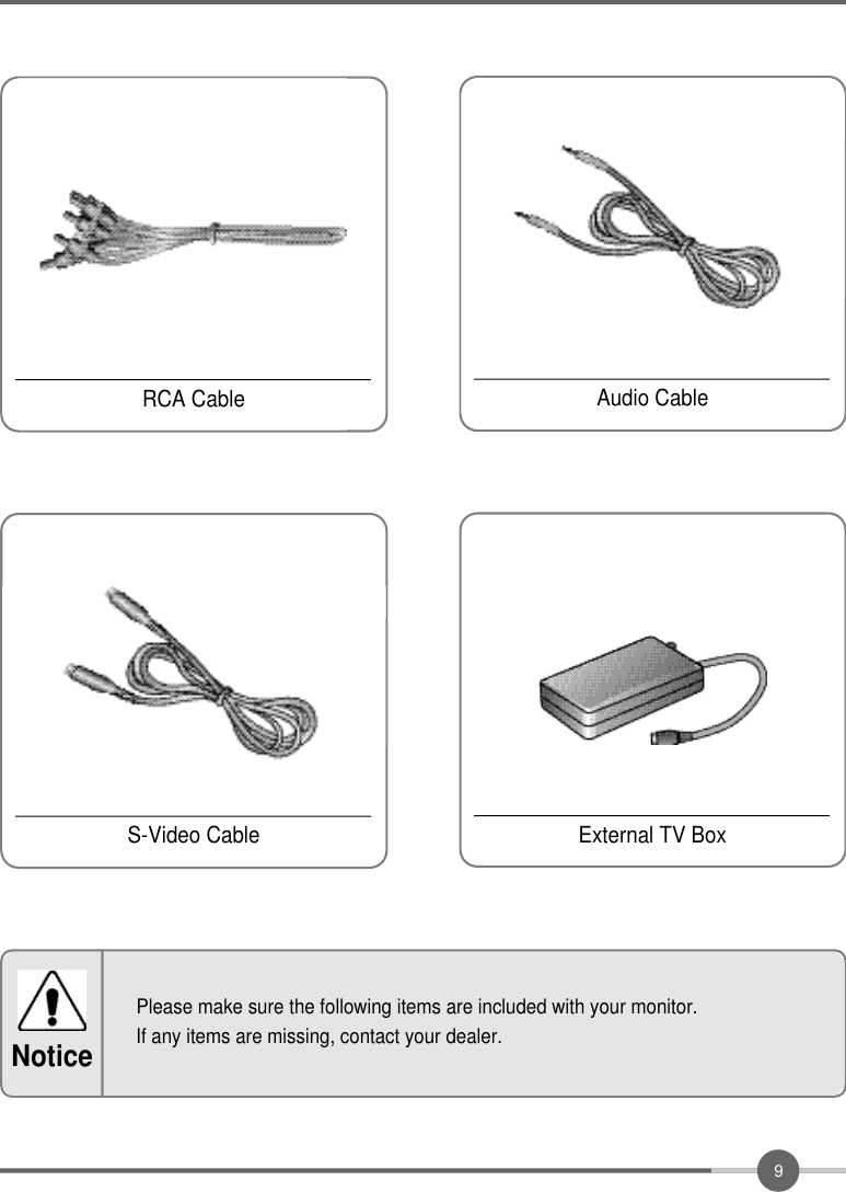 9Please make sure the following items are included with your monitor.If any items are missing, contact your dealer.NoticeRCA Cable Audio CableS-Video Cable External TV Box