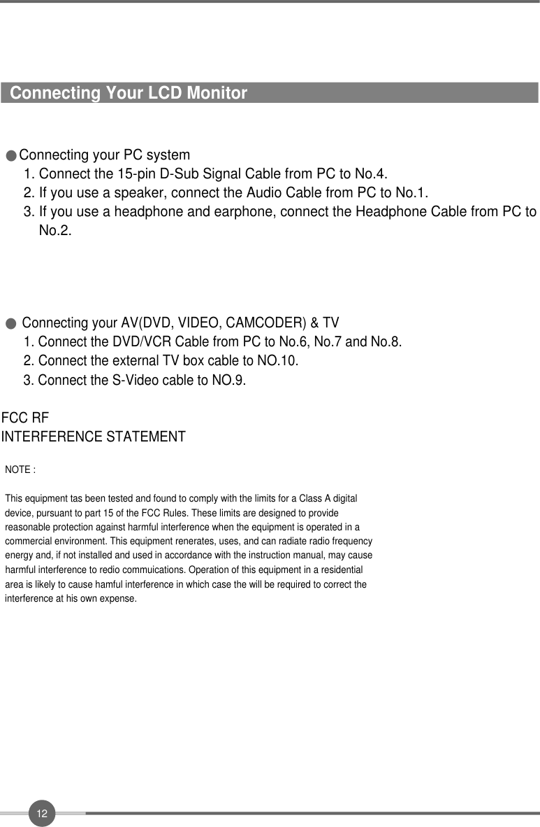 1 2●Connecting your PC system1. Connect the 15-pin D-Sub Signal Cable from PC to No.4.2. If you use a speaker, connect the Audio Cable from PC to No.1.3. If you use a headphone and earphone, connect the Headphone Cable from PC toNo.2.Connecting Your LCD Monitor●Connecting your AV(DVD, VIDEO, CAMCODER) &amp; TV1. Connect the DVD/VCR Cable from PC to No.6, No.7 and No.8.2. Connect the external TV box cable to NO.10.3. Connect the S-Video cable to NO.9.FCC RFINTERFERENCE STATEMENTNOTE : This equipment tas been tested and found to comply with the limits for a Class A digitaldevice, pursuant to part 15 of the FCC Rules. These limits are designed to providereasonable protection against harmful interference when the equipment is operated in a commercial environment. This equipment renerates, uses, and can radiate radio frequencyenergy and, if not installed and used in accordance with the instruction manual, may causeharmful interference to redio commuications. Operation of this equipment in a residentialarea is likely to cause hamful interference in which case the will be required to correct the interference at his own expense.