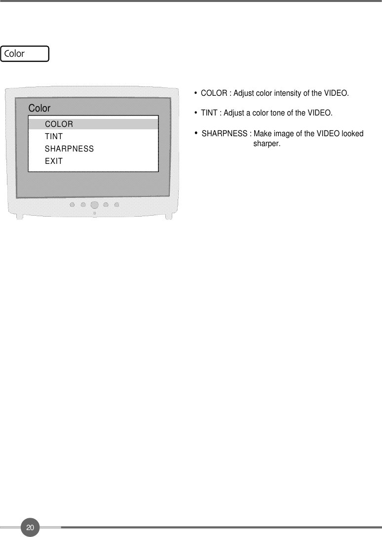 2 0•COLOR : Adjust color intensity of the VIDEO.•TINT : Adjust a color tone of the VIDEO.•SHARPNESS : Make image of the VIDEO lookedsharper.ColorC O L O RT I N TS H A R P N E S SE X I TC o l o r