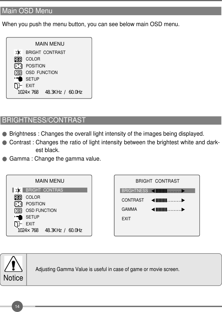 1 4When you push the menu button, you can see below main OSD menu.Main OSD Menu   ●Brightness : Changes the overall light intensity of the images being displayed.●Contrast : Changes the ratio of light intensity between the brightest white and dark-est black.●Gamma : Change the gamma value.BRIGHTNESS/CONTRASTAdjusting Gamma Value is useful in case of game or movie screen.NoticeMAIN MENUBRIGHT  CONTRASTCOLORPOSITIONOSD FUNCTIONSETUPEXIT1024×768   48.3KHz / 60.0HzMAIN MENUBRIGHT  CONTRASTCOLORPOSITIONOSD FUNCTIONSETUPEXIT1024×768   48.3KHz / 60.0HzBRIGHT  CONTRASTBRIGHTNESS ◀󰥒󰥒󰥒󰥒󰥒󰥒󰥒󰥒………▶CONTRAST ◀󰥒󰥒󰥒󰥒󰥒󰥒󰥒󰥒………▶GAMMA ◀󰥒󰥒󰥒󰥒󰥒󰥒󰥒󰥒………▶EXIT