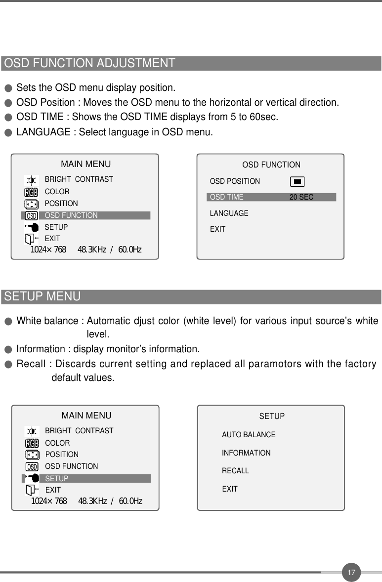 1 7OSD FUNCTION ADJUSTMENT         ●Sets the OSD menu display position.●OSD Position : Moves the OSD menu to the horizontal or vertical direction.●OSD TIME : Shows the OSD TIME displays from 5 to 60sec.●LANGUAGE : Select language in OSD menu.SETUP MENU●White balance : Automatic djust color (white level) for various input source’s whitelevel.●Information : display monitor’s information.●Recall : Discards current setting and replaced all paramotors with the factorydefault values.MAIN MENUBRIGHT  CONTRASTCOLORPOSITIONOSD FUNCTIONSETUPEXIT1024×768   48.3KHz / 60.0HzOSD FUNCTIONOSD POSITIONOSD TIME 20 SECLANGUAGEEXITMAIN MENUBRIGHT  CONTRASTCOLORPOSITIONOSD FUNCTIONSETUPTEXIT1024×768   48.3KHz / 60.0HzS E T U PAUTO BALANCEINFORMATIONRECALLEXIT