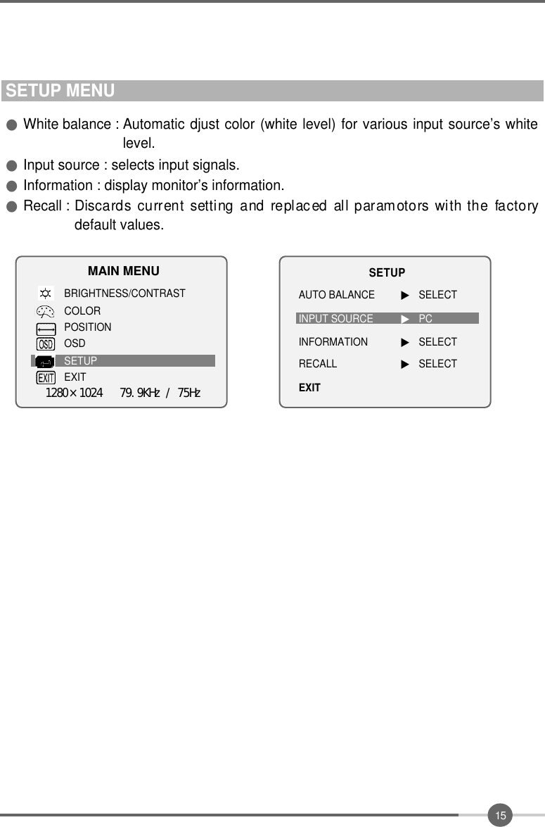 1 5SETUP MENU●White balance : Automatic djust color (white level) for various input source’s whitelevel.●Input source : selects input signals.●Information : display monitor’s information.●Recall : Discards  current  setting and replaced all paramotors  with the factorydefault values.MAIN MENUBRIGHTNESS/CONTRASTCOLORPOSITIONOSDSETUPTEXIT1280×1024󰚟󰚟󰚟79.9KHz󰚟/󰚟75HzS E T U PAUTO BALANCE▶SELECTINPUT SOURCE▶PCINFORMATION▶SELECTRECALL▶SELECTEXIT