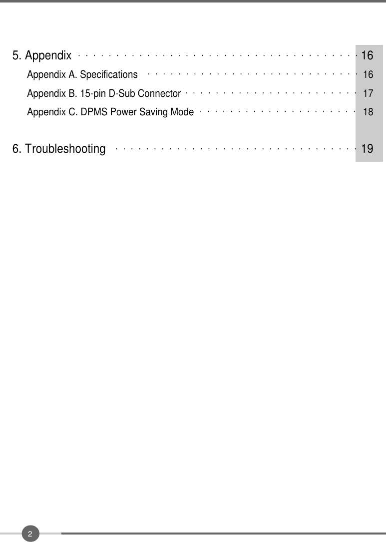 25. Appendix・・・・・・・・・・・・・・・・・・・・・・・・・・・・・・・・・・・・・16Appendix A. Specifications・・・・・・・・・・・・・・・・・・・・・・・・・・・・16Appendix B. 15-pin D-Sub Connector・・・・・・・・・・・・・・・・・・・・・・・17Appendix C. DPMS Power Saving Mode・・・・・・・・・・・・・・・・・・・・・186. Troubleshooting・・・・・・・・・・・・・・・・・・・・・・・・・・・・・・・・19