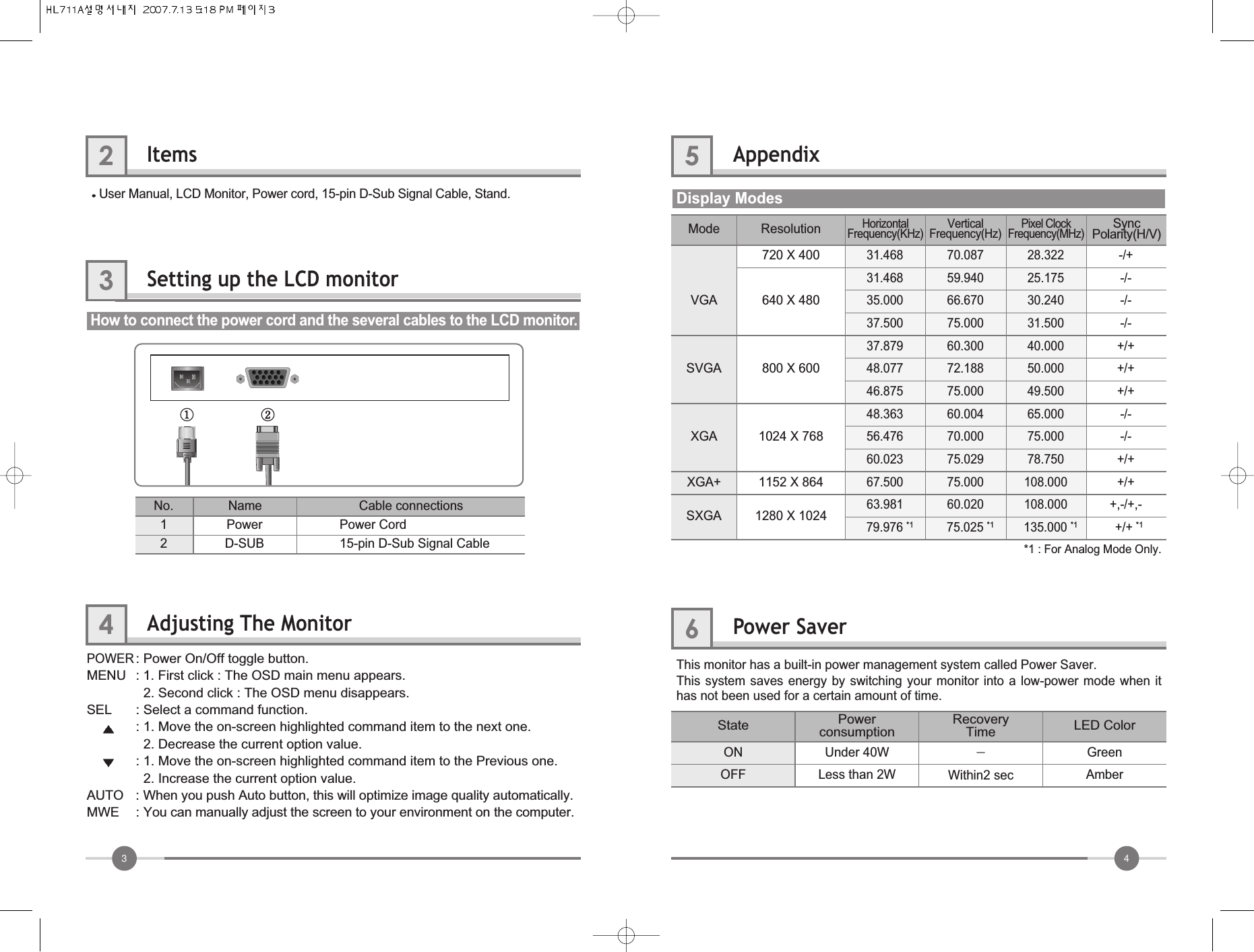 PowerD-SUBPower Cord15-pin D-Sub Signal CableNo. Cable connectionsName12 3User Manual, LCD Monitor, Power cord, 15-pin D-Sub Signal Cable, Stand.How to connect the power cord and the several cables to the LCD monitor.Items2Setting up the LCD monitor3Adjusting The Monitor4POWER: Power On/Off toggle button.MENU : 1. First click : The OSD main menu appears.2. Second click : The OSD menu disappears.SEL : Select a command function.: 1. Move the on-screen highlighted command item to the next one.2. Decrease the current option value.: 1. Move the on-screen highlighted command item to the Previous one.2. Increase the current option value.AUTO : When you push Auto button, this will optimize image quality automatically.MWE : You can manually adjust the screen to your environment on the computer.4Display Modes*1 : For Analog Mode Only.ModeVGASVGAXGAXGA+640 X 480720 X 400800 X 6001024 X 7681152 X 864ResolutionHorizontalFrequency(KHz)VerticalFrequency(Hz)Pixel ClockFrequency(MHz)SyncPolarity(H/V)SXGA 1280 X 1024Appendix5Power Saver670.08759.94066.67075.00060.30072.18875.00060.00470.00075.02975.00060.02075.025 *128.32225.17530.24031.50040.00050.00049.50065.00075.00078.750108.000108.000135.000 *1-/+-/--/--/-+/++/++/+-/--/-+/++/++,-/+,-+/+ *131.46831.46835.00037.50037.87948.07746.87548.36356.47660.02367.50063.98179.976 *1This monitor has a built-in power management system called Power Saver. This system saves energy by switching your monitor into a low-power mode when ithas not been used for a certain amount of time.ONOFFUnder 40WLess than 2W-Within2 secGreenAmberState Powerconsumption RecoveryTime LED Color