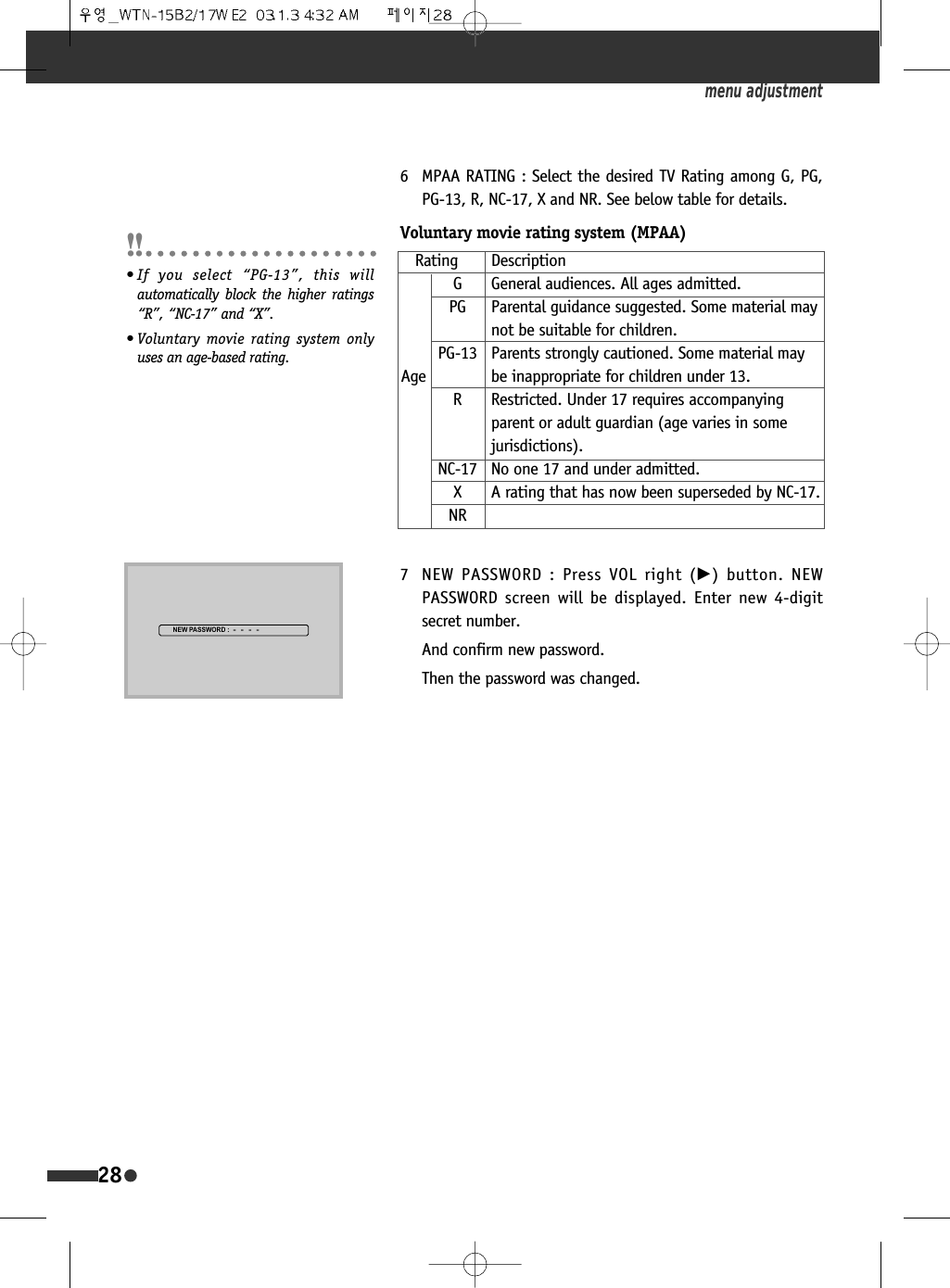 286 MPAA RATING : Select the desired TV Rating among G, PG,PG-13, R, NC-17, X and NR. See below table for details. 7 NEW PASSWORD : Press VOL right (&radic;) button. NEWPASSWORD screen will be displayed. Enter new 4-digitsecret number.And confirm new password.Then the password was changed.menu adjustmentVoluntary movie rating system (MPAA)Rating DescriptionG General audiences. All ages admitted.PG Parental guidance suggested. Some material may not be suitable for children.PG-13 Parents strongly cautioned. Some material may Age be inappropriate for children under 13.R Restricted. Under 17 requires accompanying parent or adult guardian (age varies in some jurisdictions).NC-17 No one 17 and under admitted.X A rating that has now been superseded by NC-17.NR&bull; If you select &ldquo;PG-13&rdquo;, this willautomatically block the higher ratings&ldquo;R&rdquo;, &ldquo;NC-17&rdquo; and &ldquo;X&rdquo;.&bull; Voluntary movie rating system onlyuses an age-based rating.1(:3$66:25'